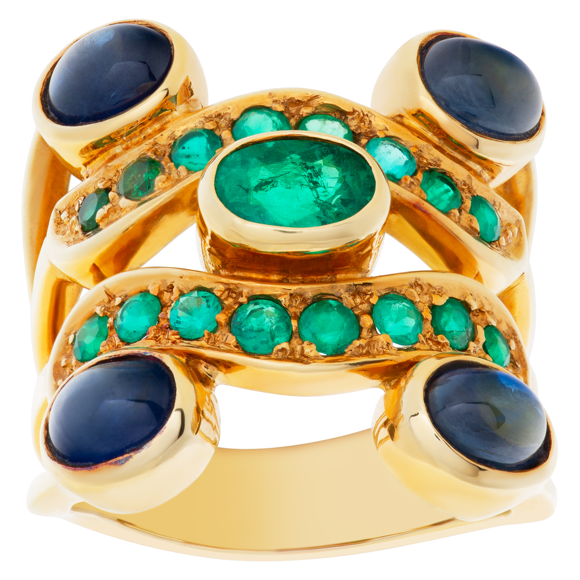 Brilliant oval and round cut Emeralds, cabochon sapphires ring set in 18k yellow gold.