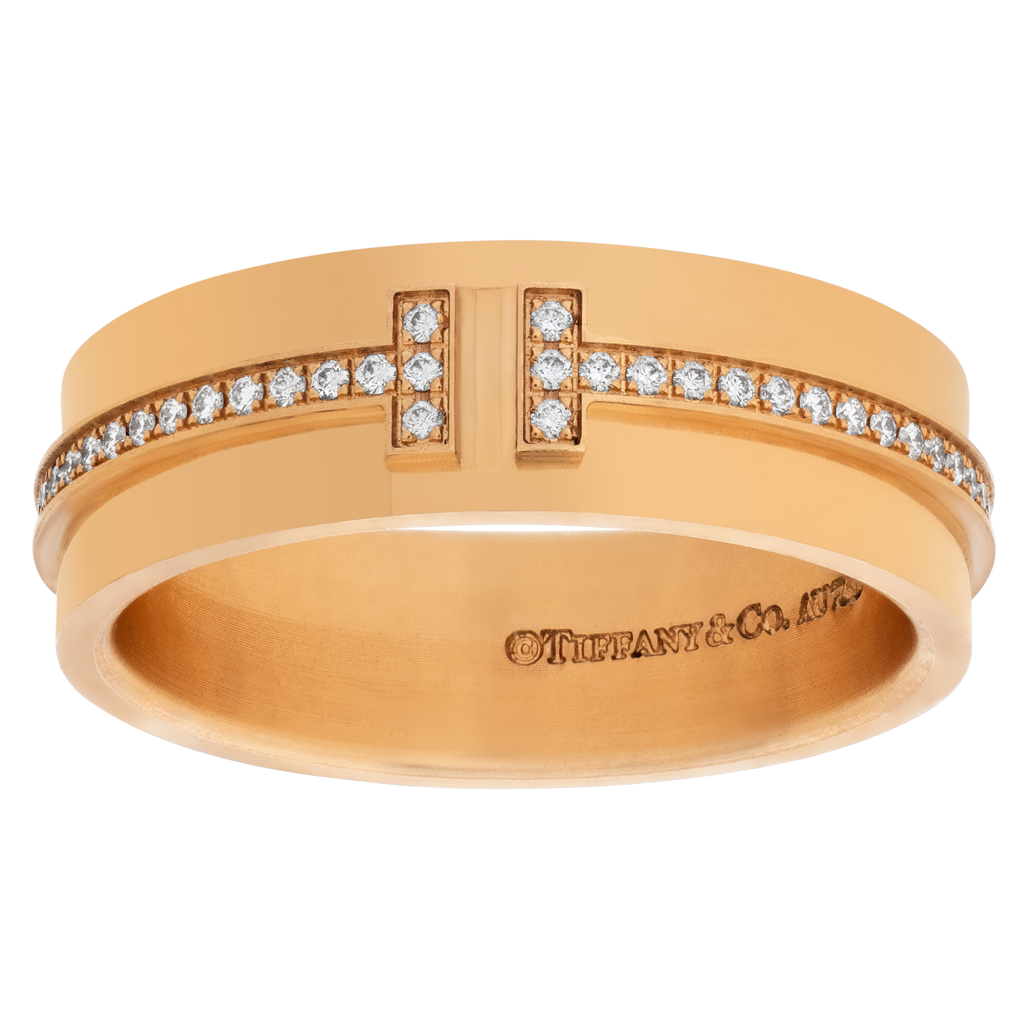 Wide "T" band ring with diamonds set in 18k rose gold