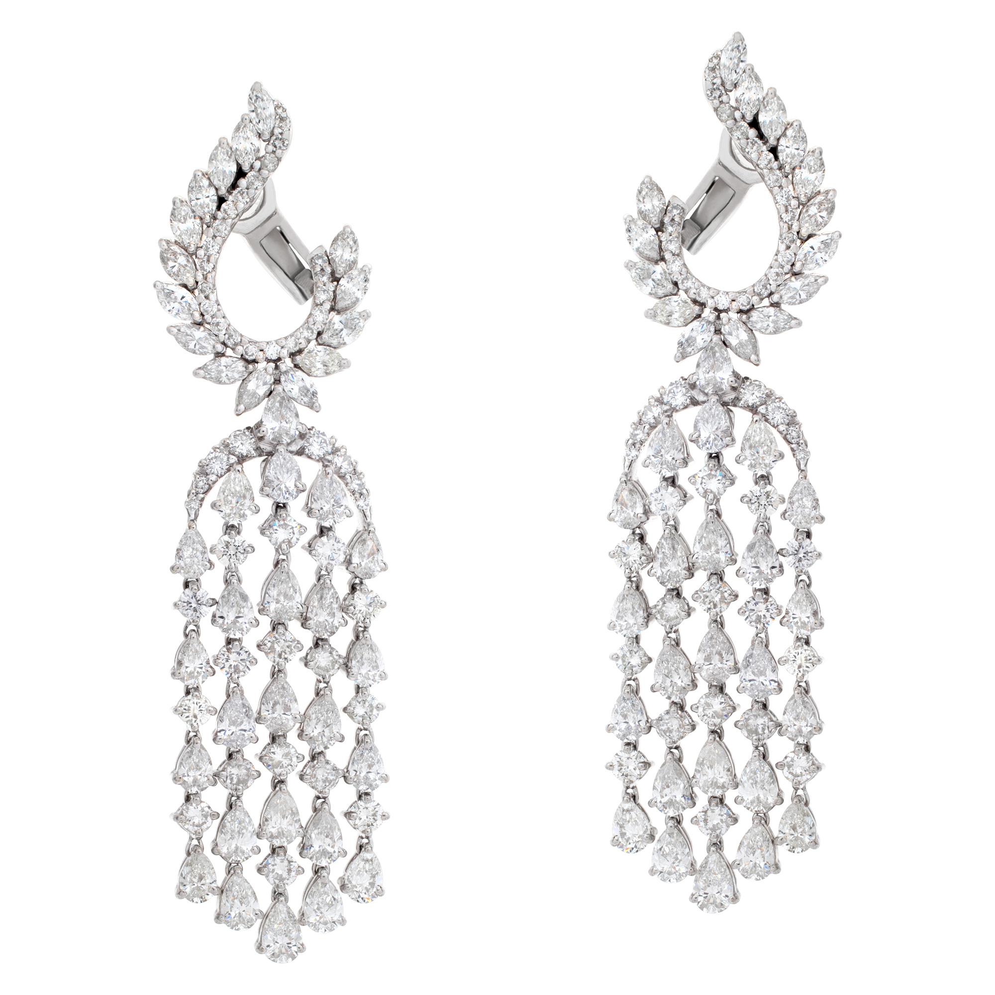 Stunning diamond chandelier earrings set in 18k white gold with approximately 13.40 carat marquise, princess, pear and round brilliant diamond cut shape