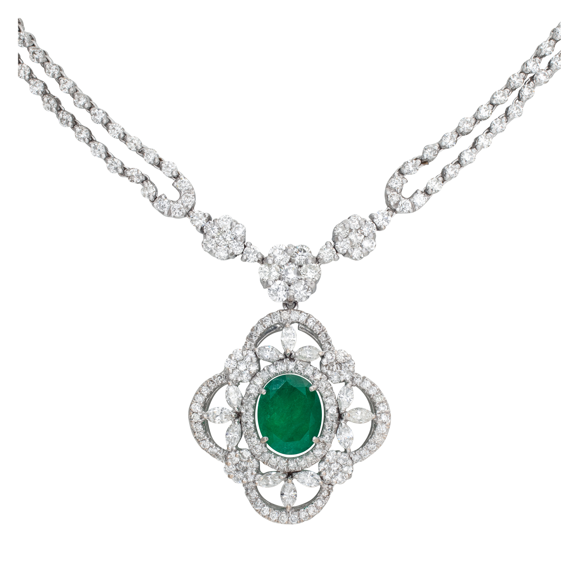 Magnificent oval shape 2.40 carat Colombian emerald and 12.40 carat diamonds necklace set in 18k white gold.