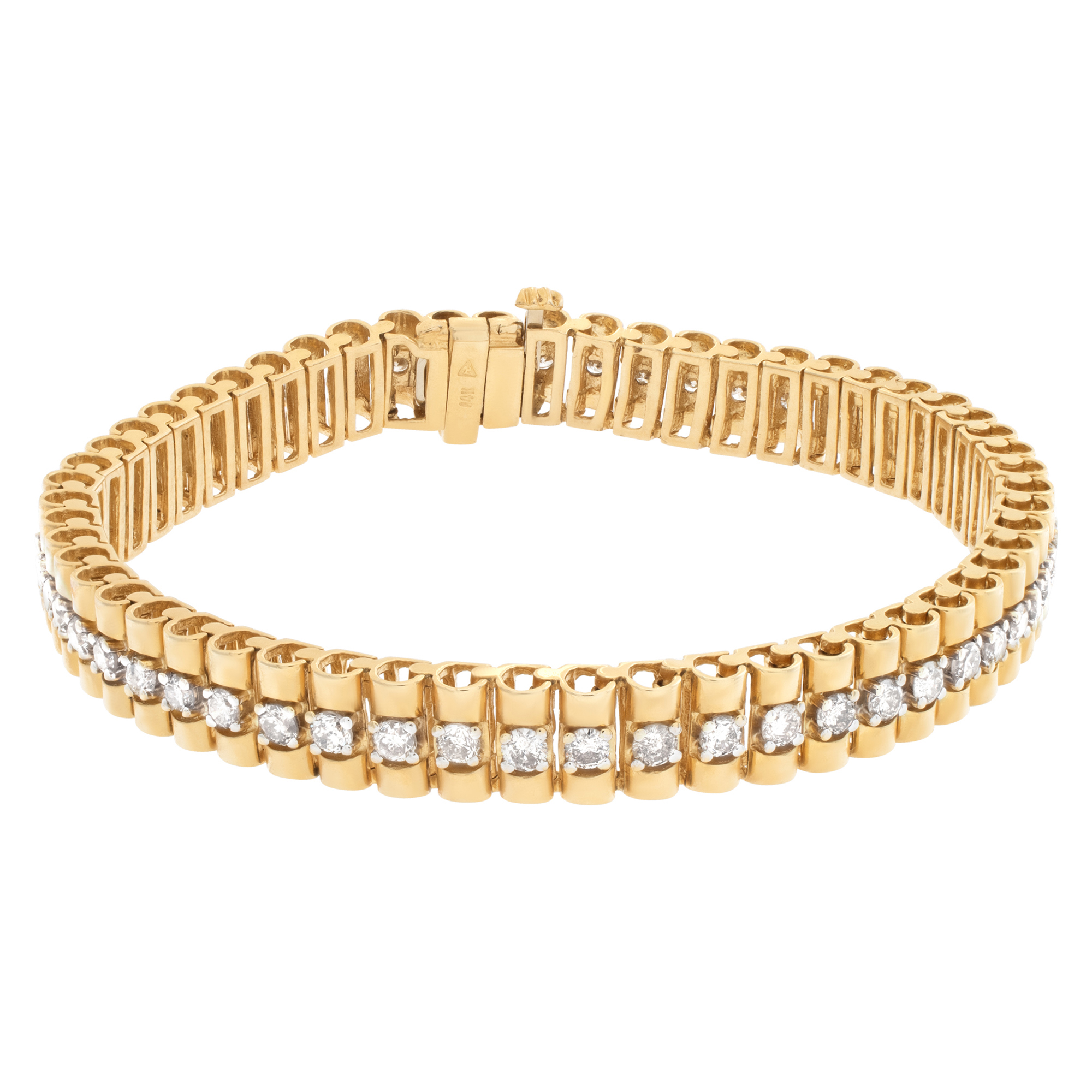Stylish president style link bracelet with approximately 3 carats full cut round brilliant diamonds set in 14k yellow gold