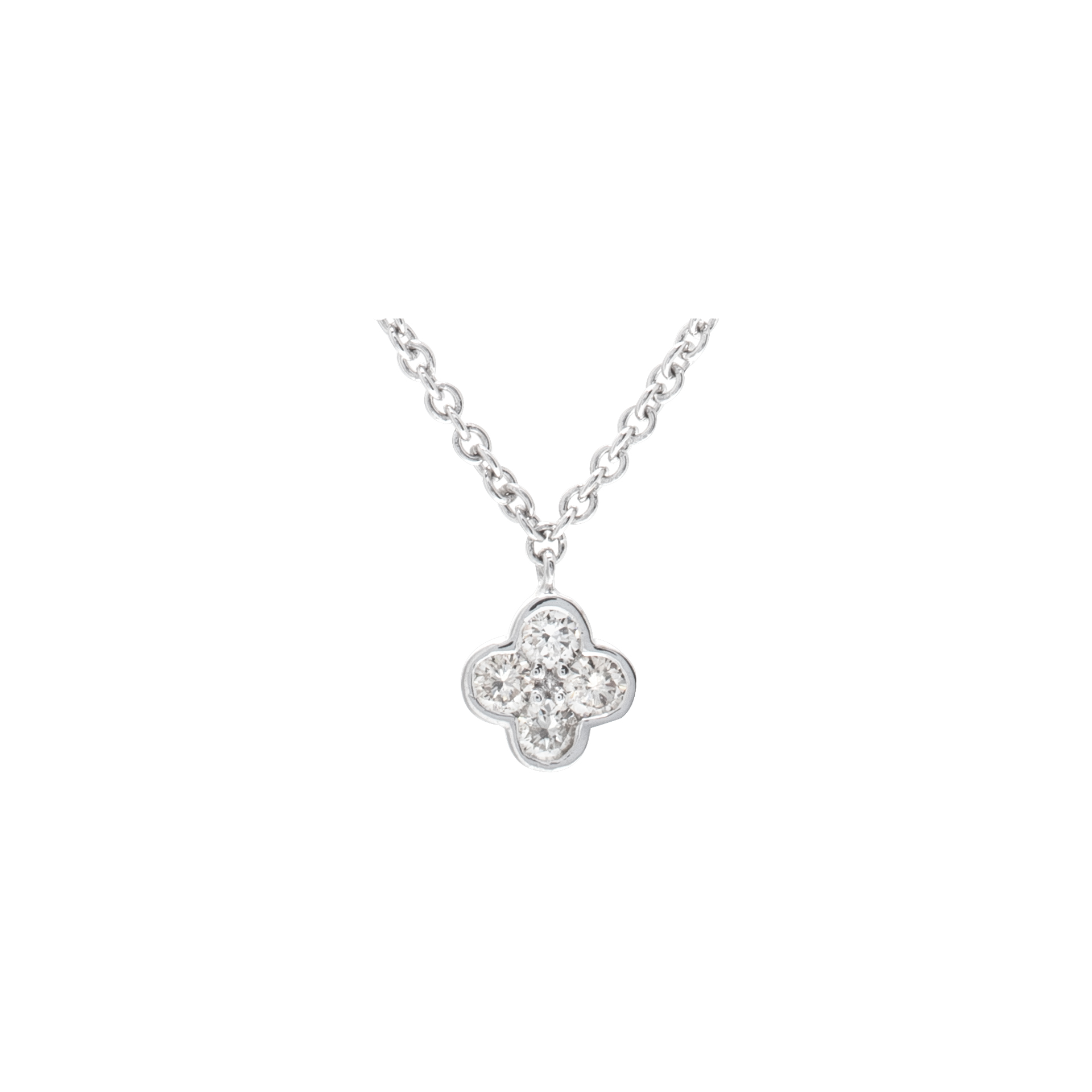 "Diamonds by the Yard" revised version wih flower pendant and star motifs on an 18 inches chain with approx 0.82 carat total weight set in 18K white gold. ,