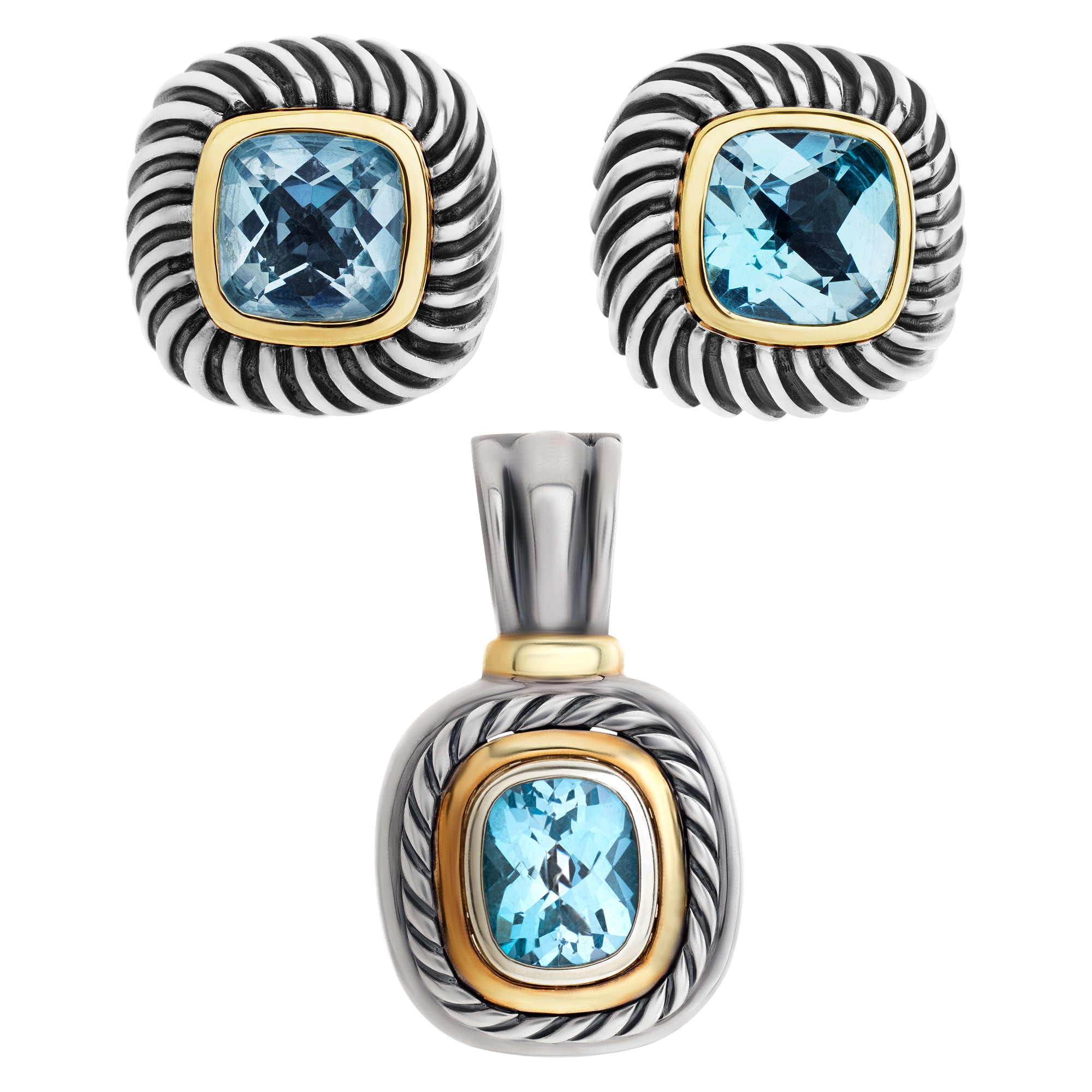 David Yurman Sterling Silver & 14k Gold Blue Topaz Large Albion Enhancer/Pendant And Earrings Set.
