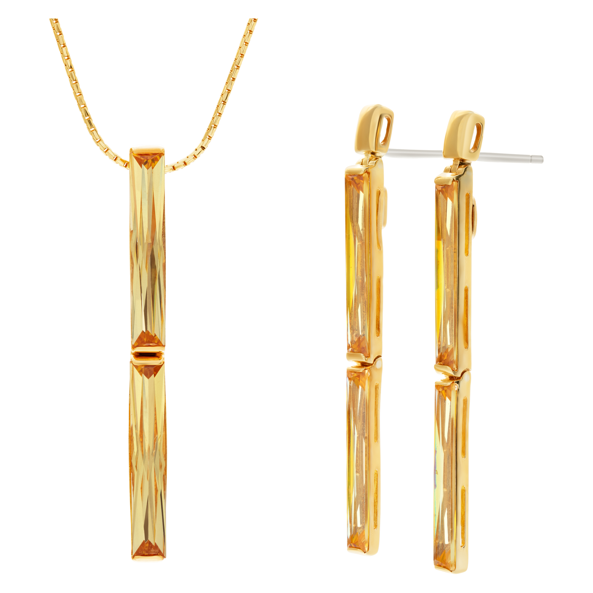 18k earring and pendant set with long baguette faceted citrine