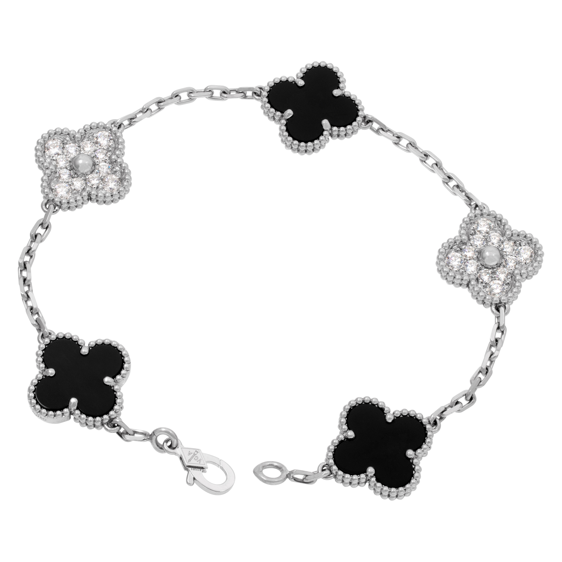 Van Cleef & Arpels Vintage Alhambra bracelet in 18k white gold with 3 onyx and 2 pave diamond motifs