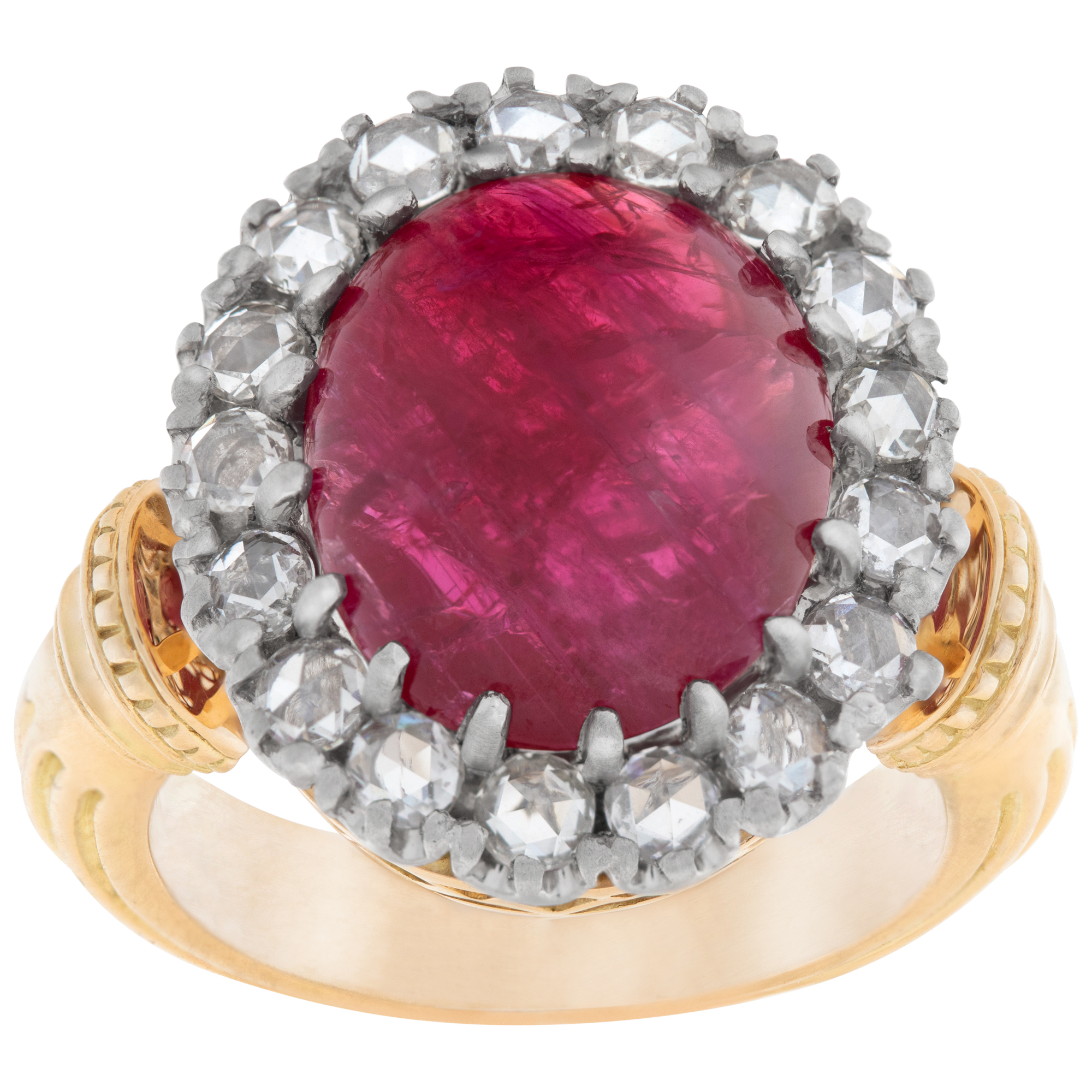 Cabochon Burma Ruby with diamond halo ring set in 18k yellow gold