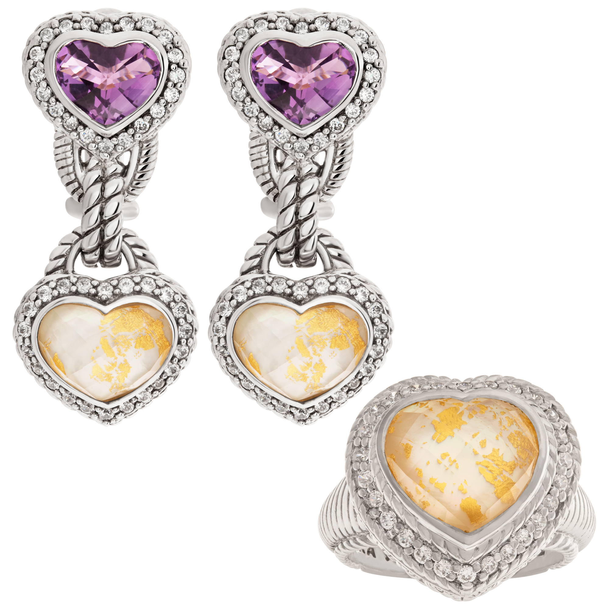 Judith Ripka earrings and ring set heart shaped amethyst and gold leaf doublet