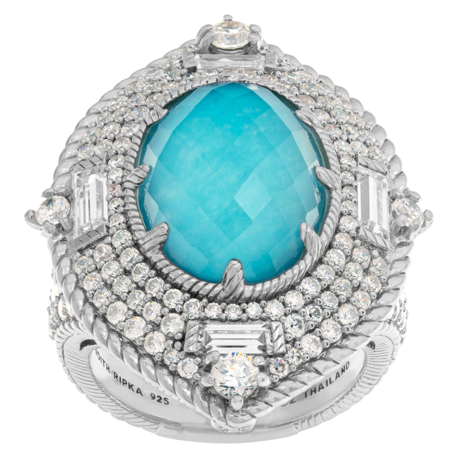 Judith Ripka ring with faceted blue topaz and cz white stones in sterling silver