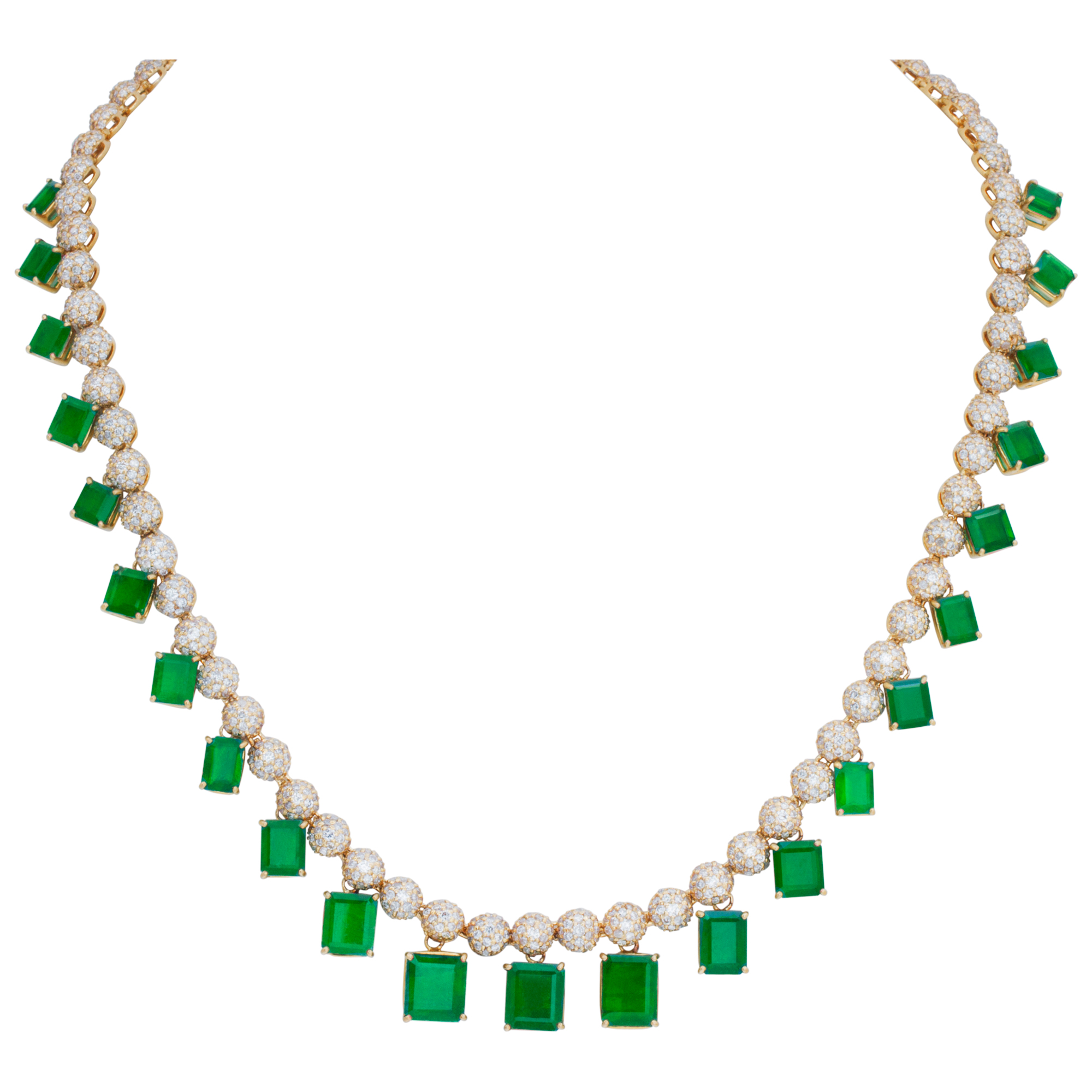 Over 21 carats graduating Emerald cut emeralds & pave diamonds beads necklace, set in 18K yellow gold