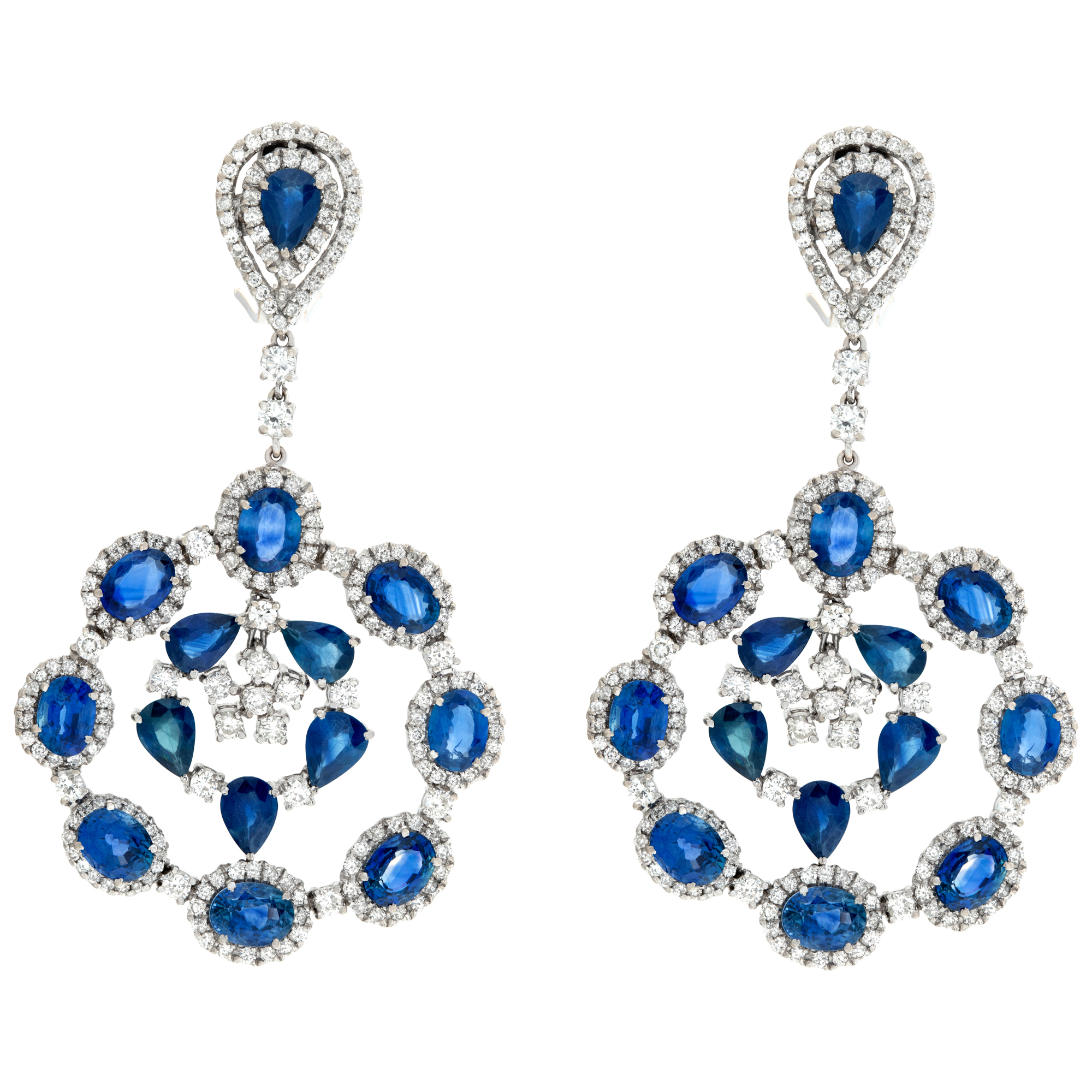 18k white gold drop earrings with 6.71 cts in diamonds and 29.52 cts in sapphires