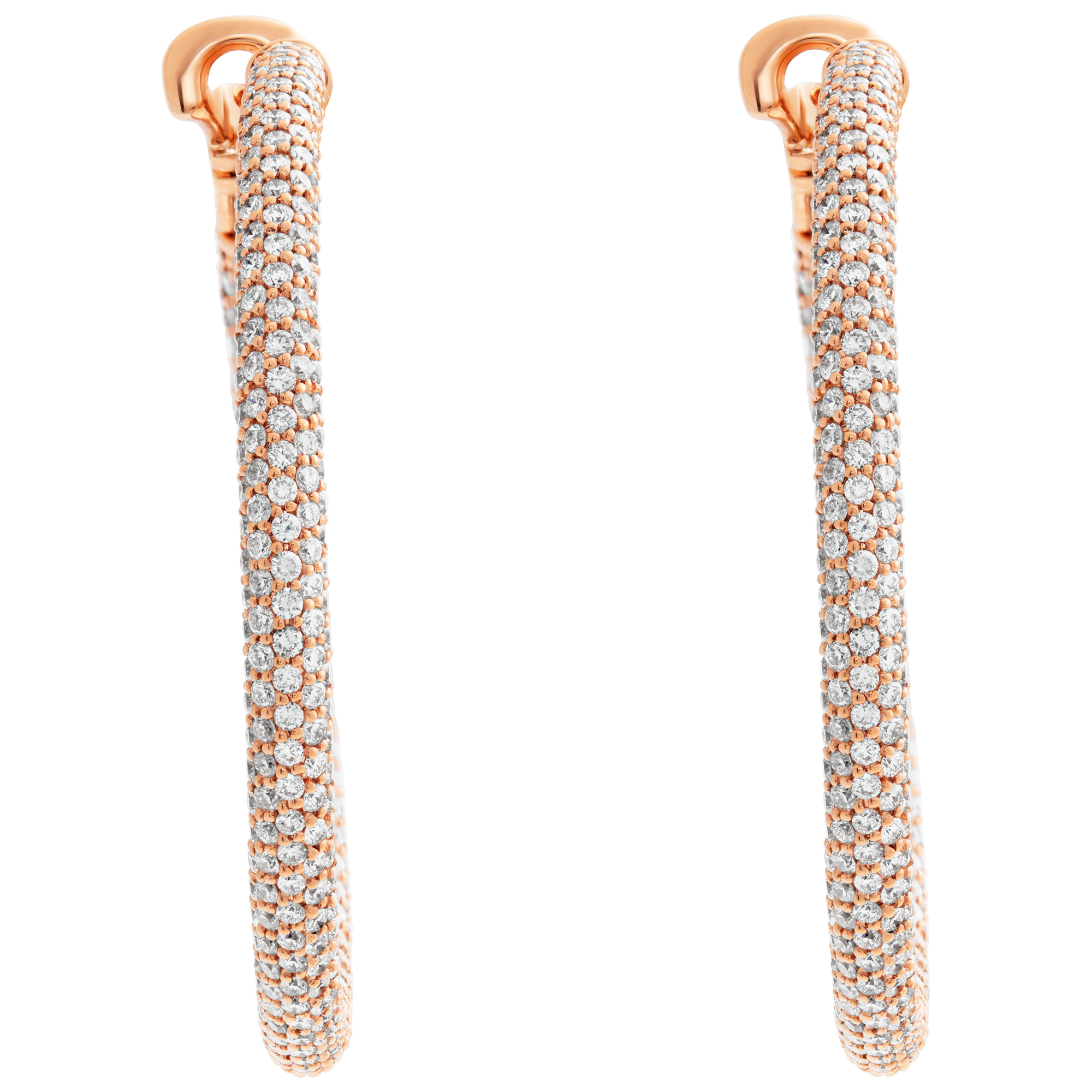 18k rose gold pave hoop earrings with 6.90 carats in round brilliant cut diamonds