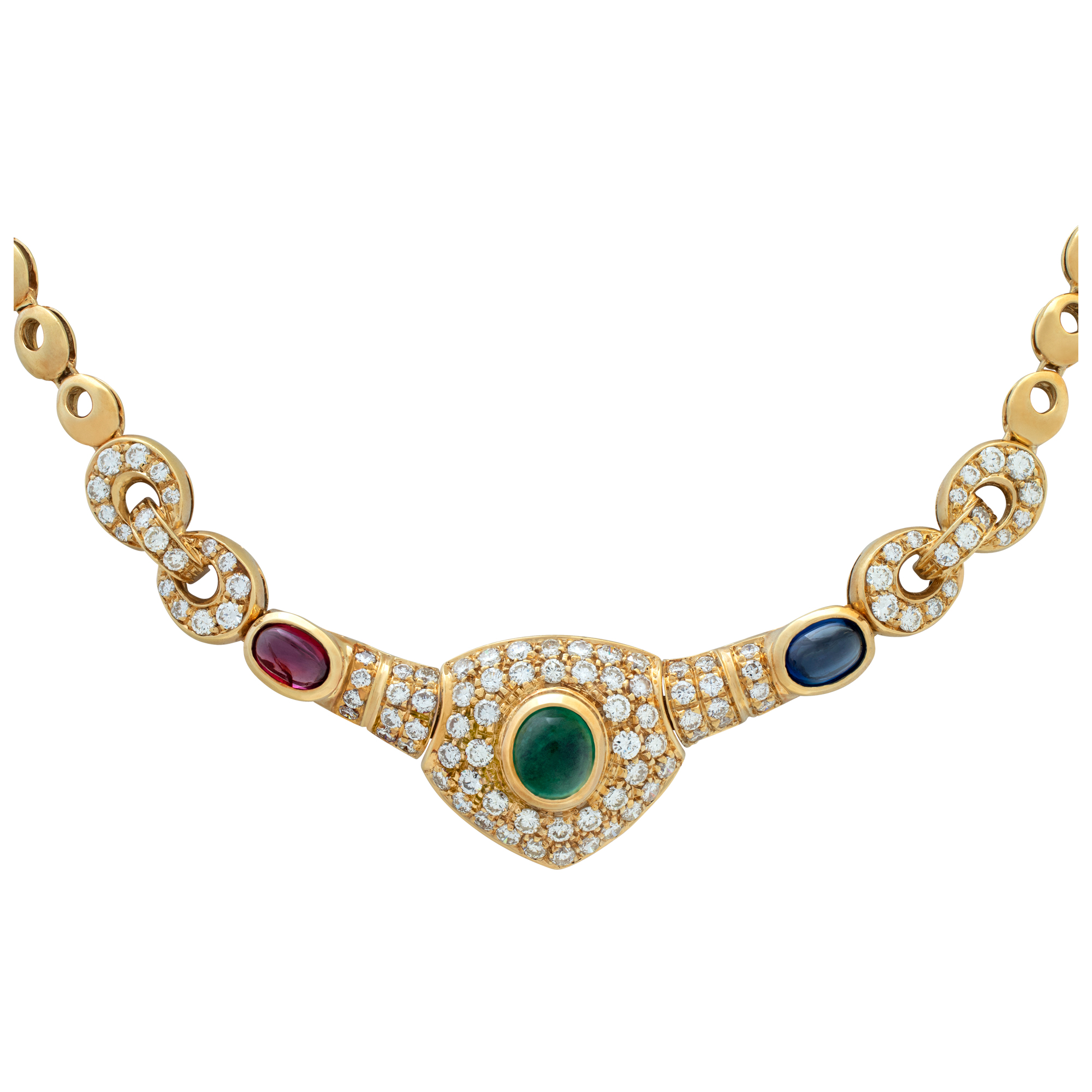 Cabochon emerald, sapphire and ruby necklace with over 3.00 carats round brilliant cut diamonds set in 18K yellow gold. Length: 16 inches.