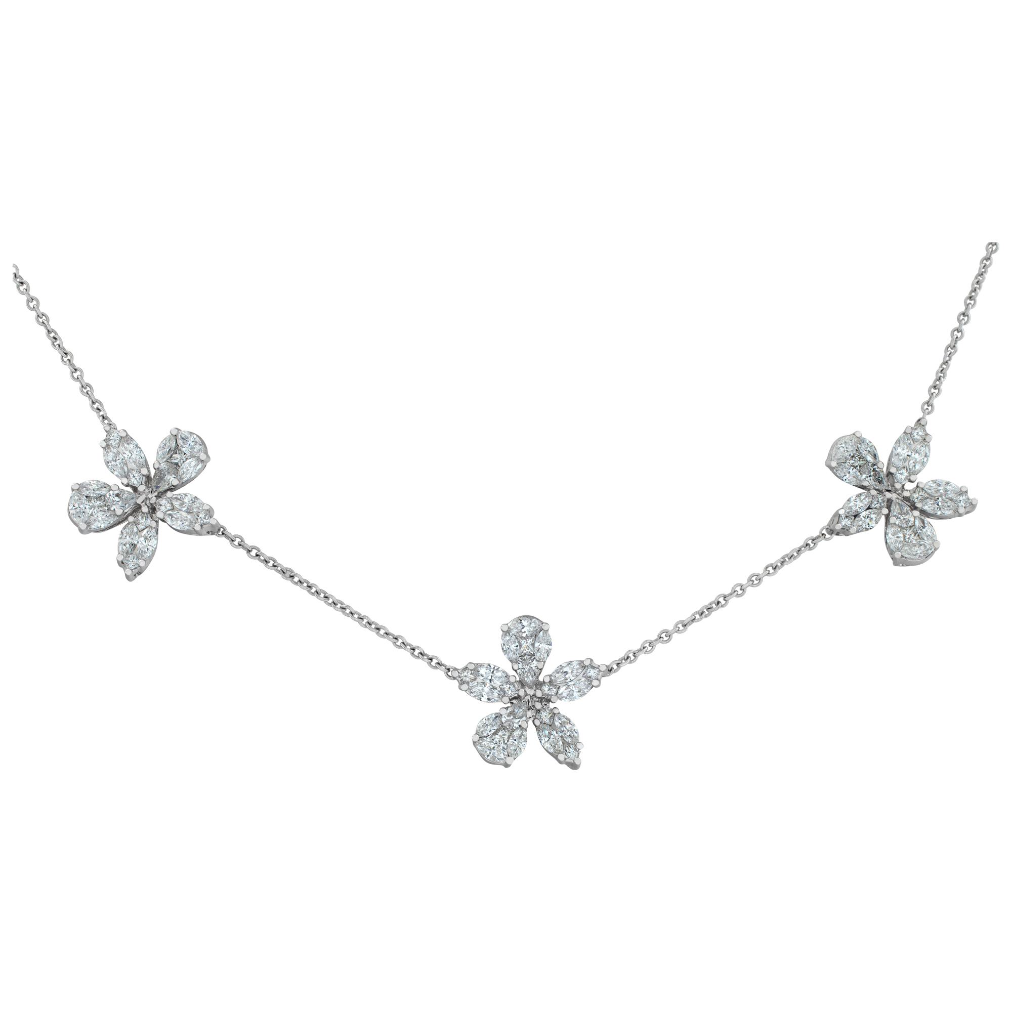 Illusion set diamond flower necklace with 6.00 carats in diamonds. 18k inch length.