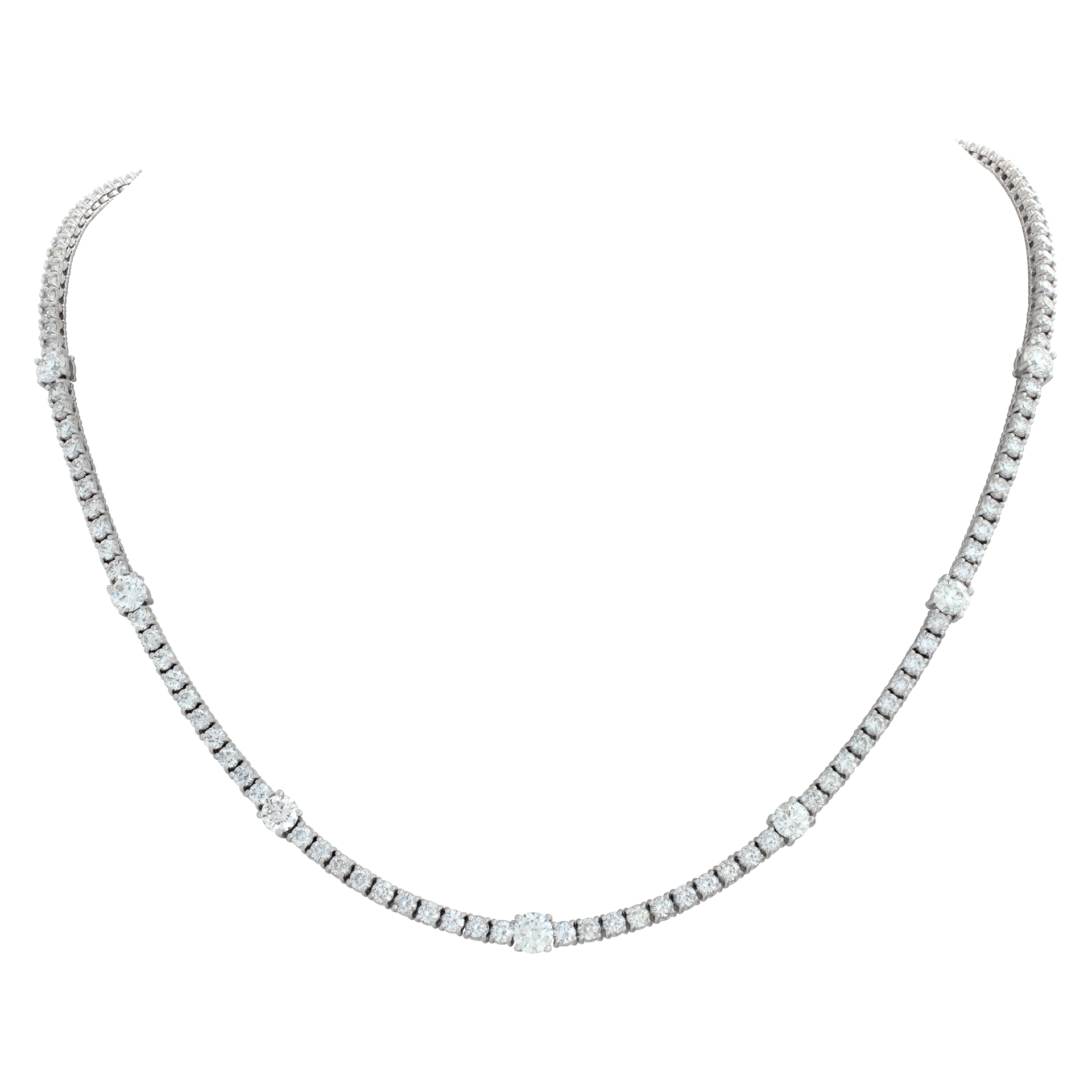 Diamond line necklace in 18k white gold. Round brilliant cut diamonds total approx. weight: 10.15 carats,