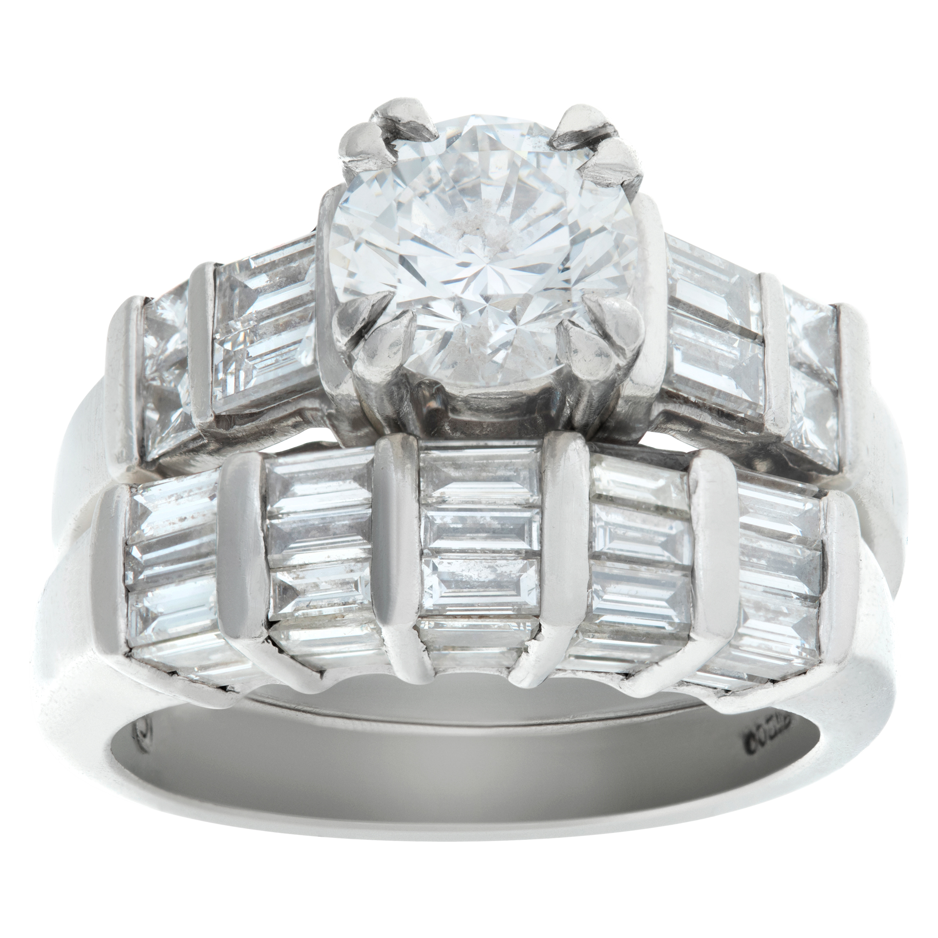 GIA certified round brilliant cut diamond 1.25 carat (E color, SI1 clarity) ring in platinum & diamond wedding band