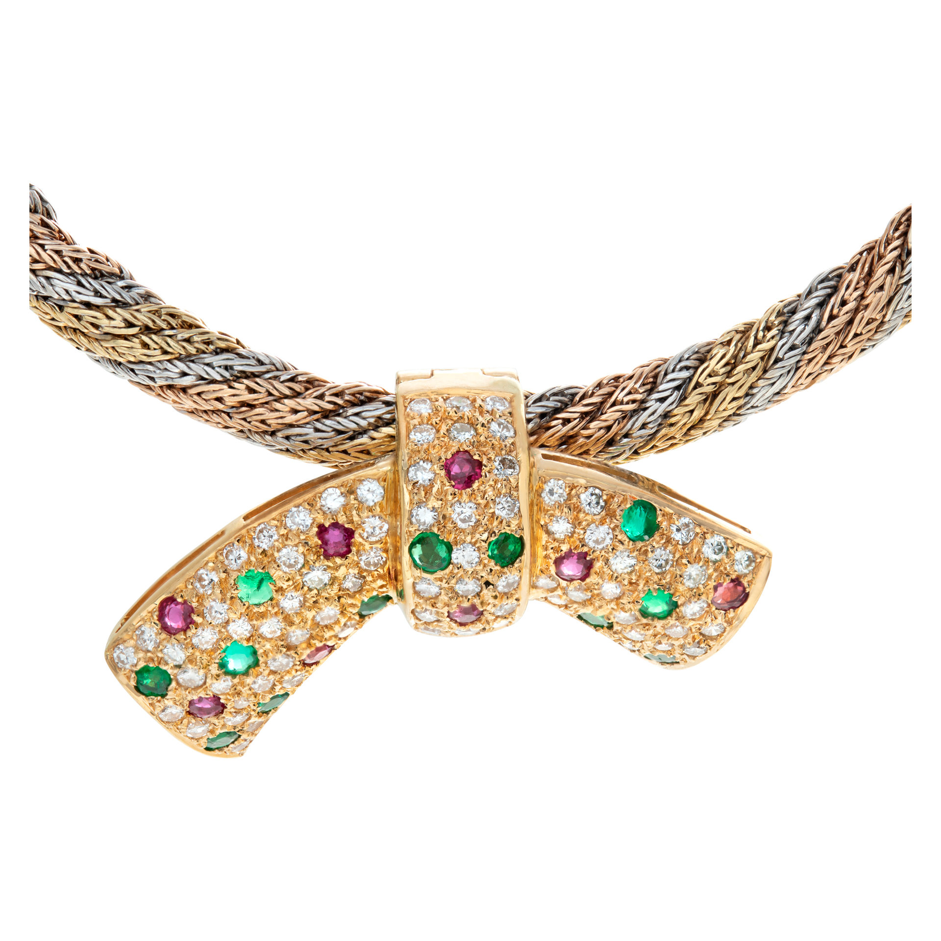 18k tri-tone necklace with bow of diamonds, rubies, and emeralds