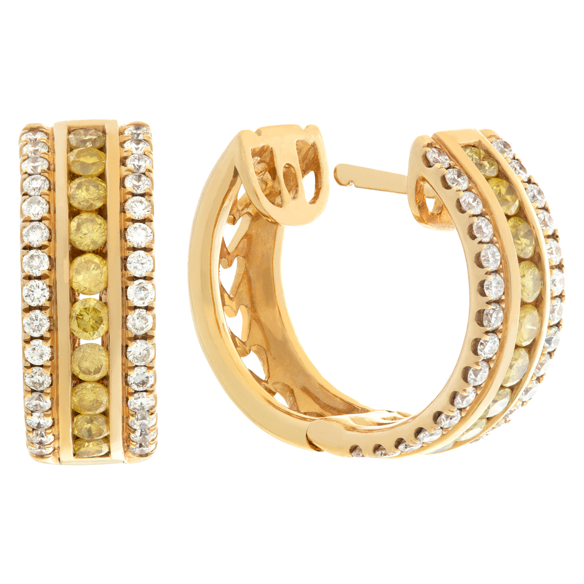Yellow and white diamond huggie earrings in 18k yellow gold