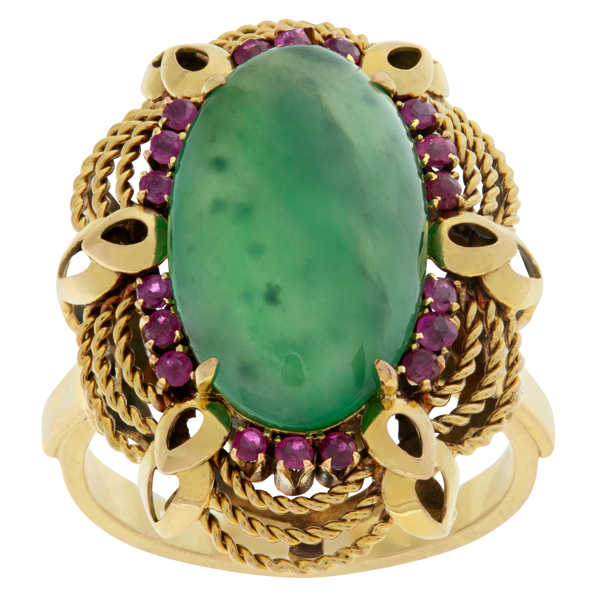 Vintage Oval Cut Cabochon Jade & Rubies Ring In 14k Yellow Gold