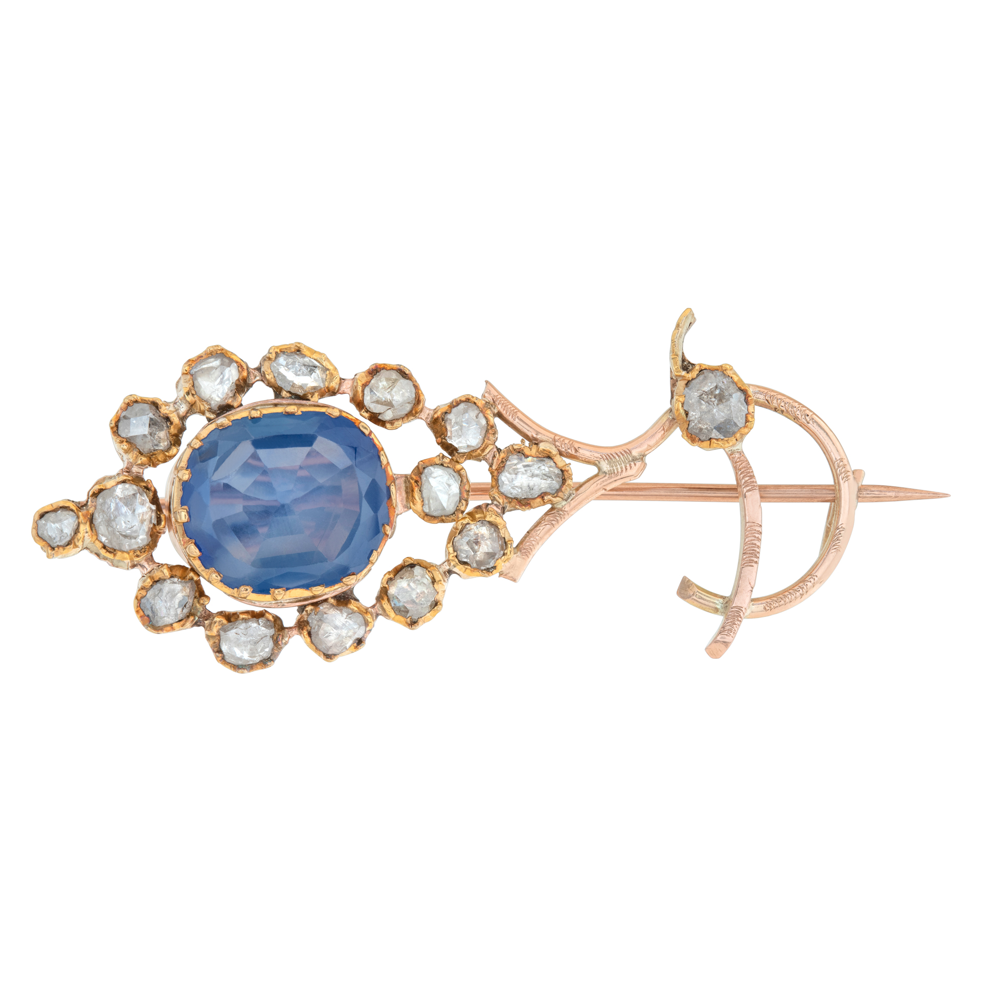 Antique European brooch, circa 1800's. with old mine cut diamonds and unheated natural sapphire center, set in 18k yellow gold.