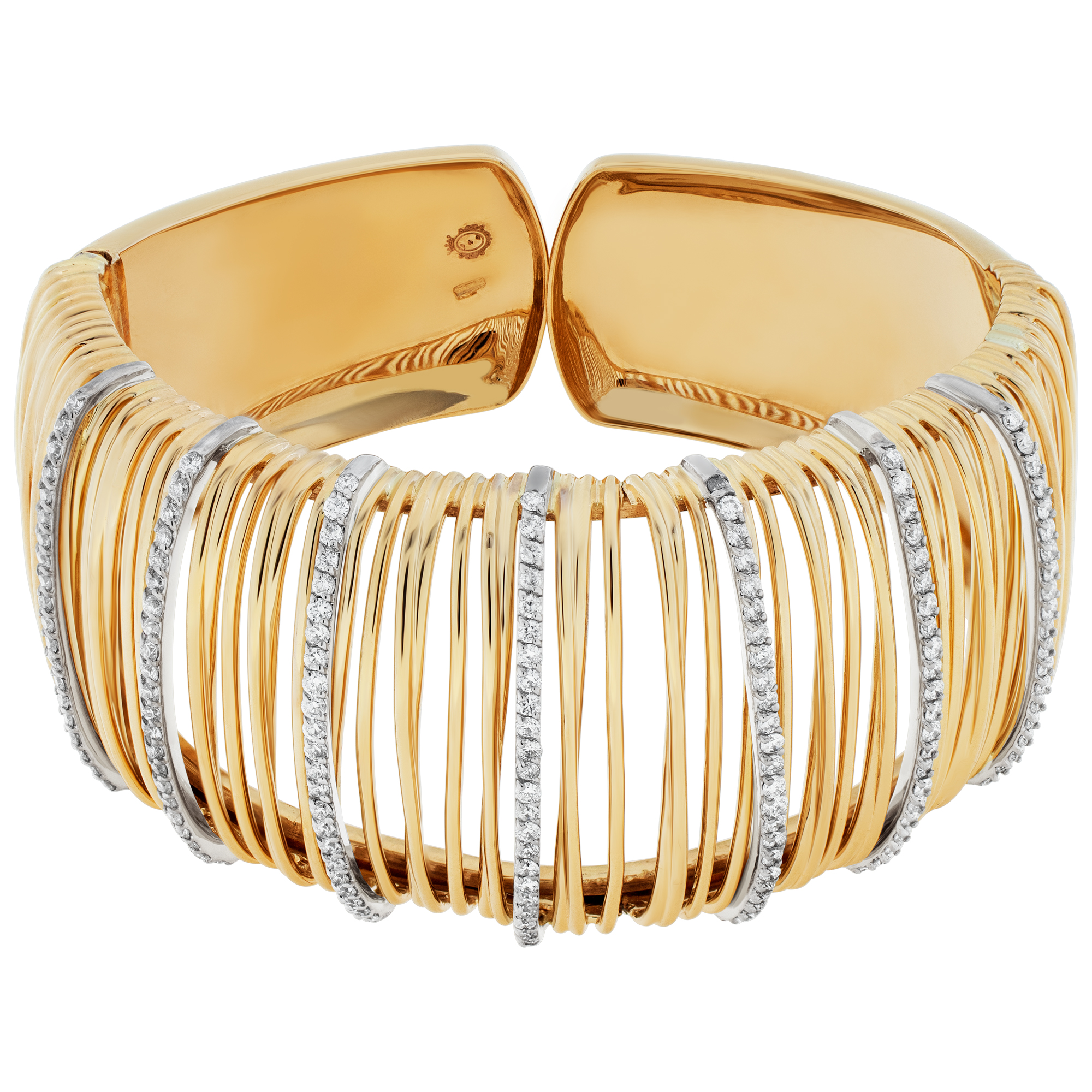 Diamond bangle in 14k yellow gold. Round brilliant cut diamond total approx. weight 1.50 carat, estimate: G-H color, VS clarity