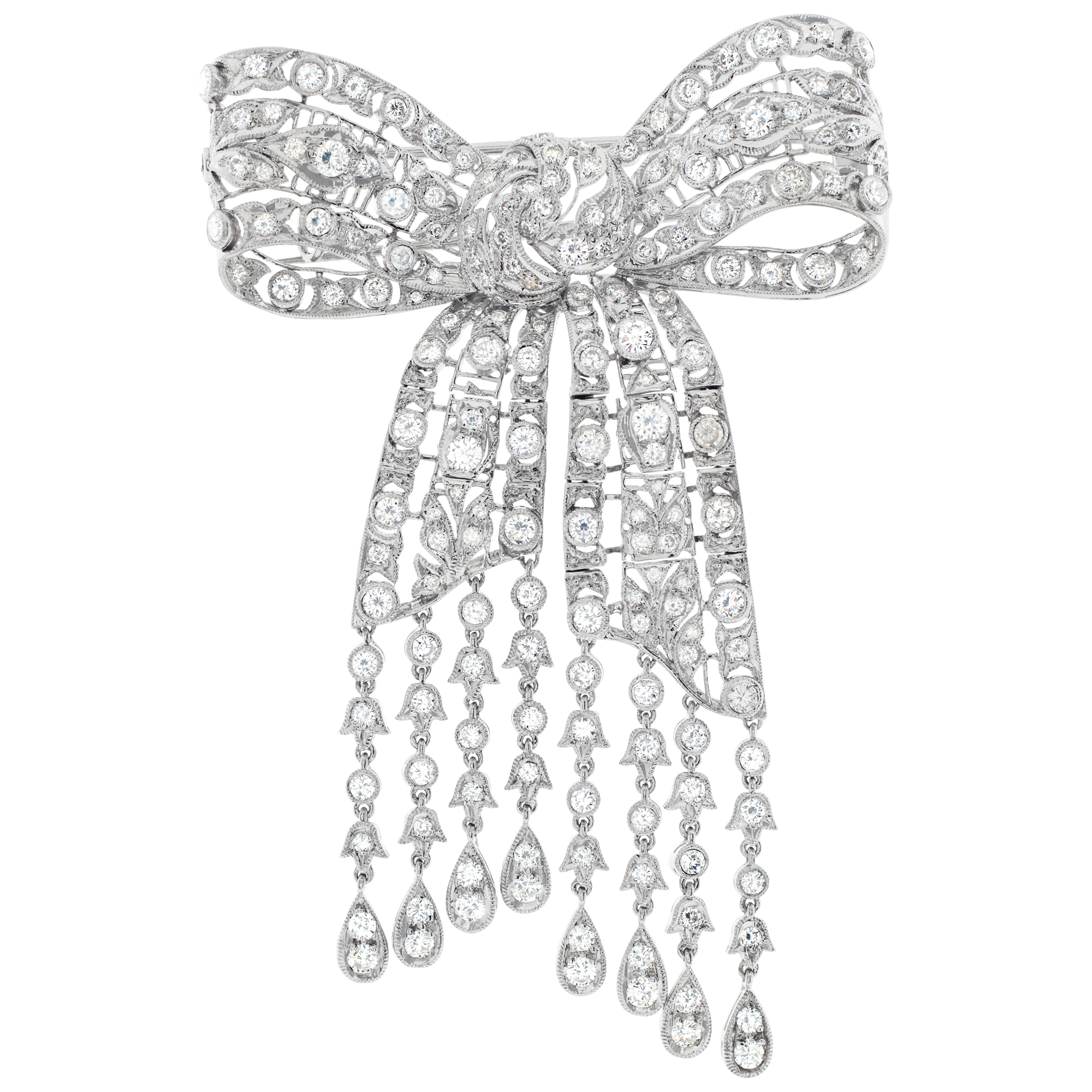 Diamond bow pin/brooch in platinum with total approx. weight over 6.15 carats round brilliant cut diamond