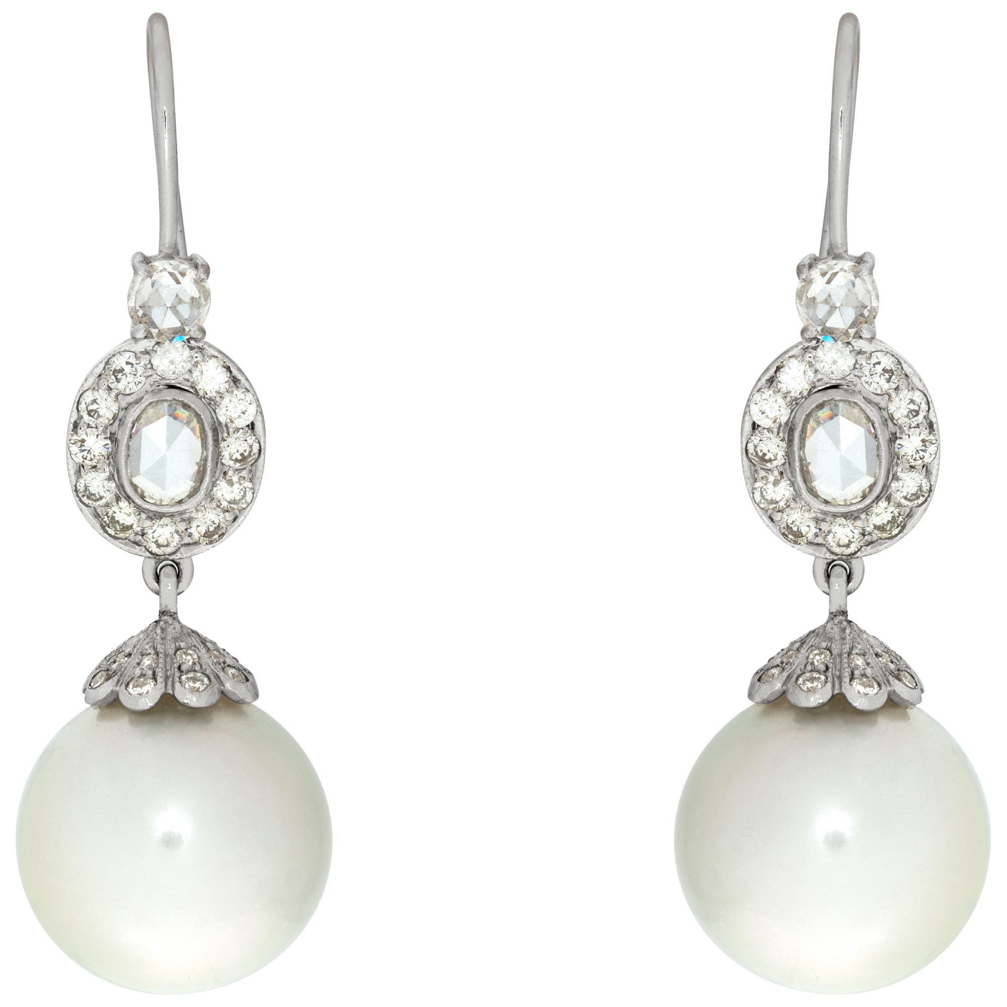 18k white gold diamond and pearl earrings with 1.66 carats in G-H color, VS clarity diamonds