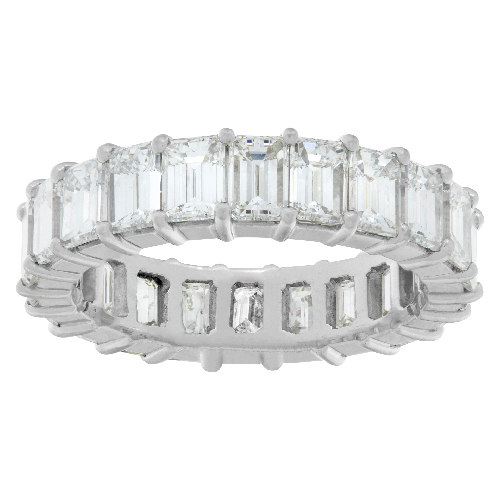 Platinum eternity band with 7.65 carats in emerald cut F-G color, VS clarity diamonds