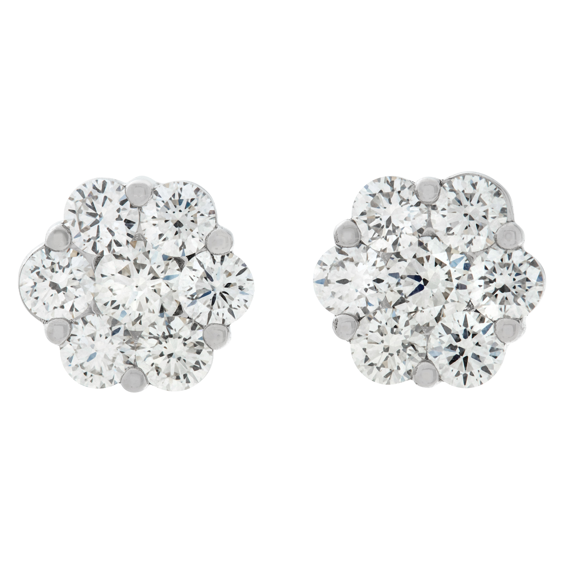 Floral shaped round diamond cluster earrings in 18k white gold w/ 2.49 carats