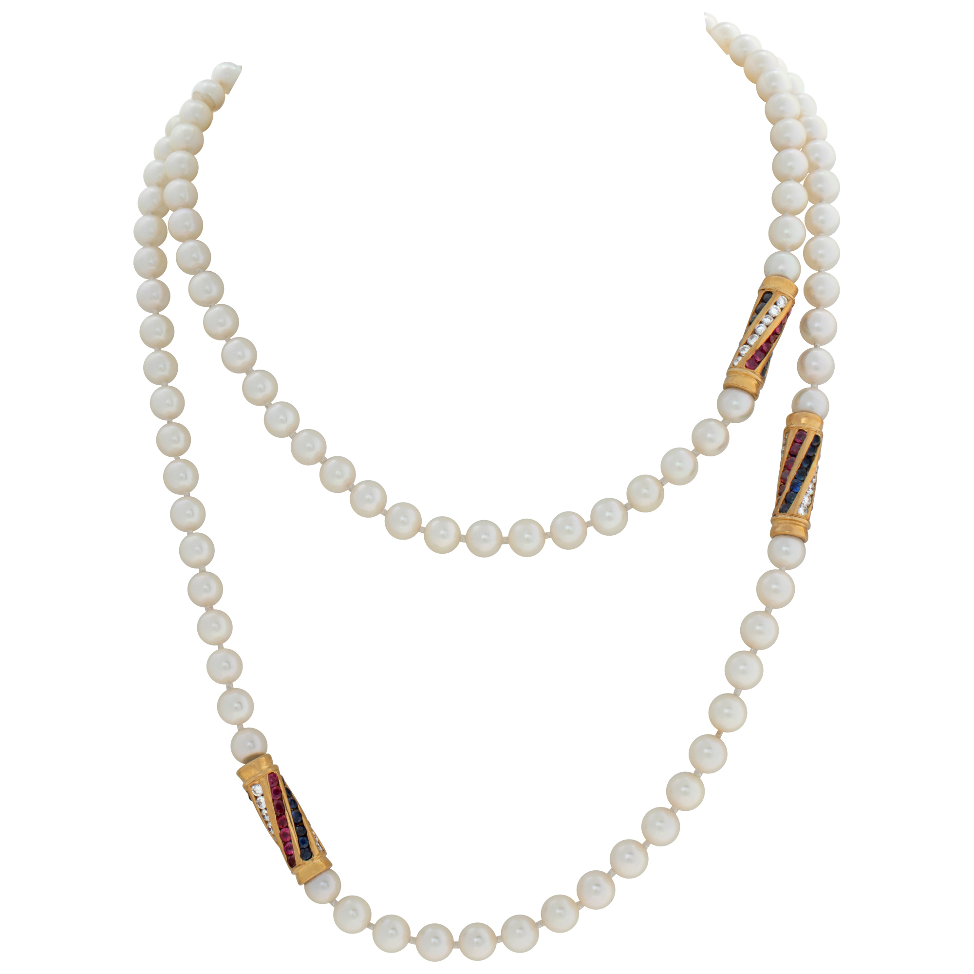 Opera length (36 inches) 6 x 6.5mm Akoya pearls necklace with four gold stations swirling with diamonds, rubies and sapphires set in 18K yellow gold