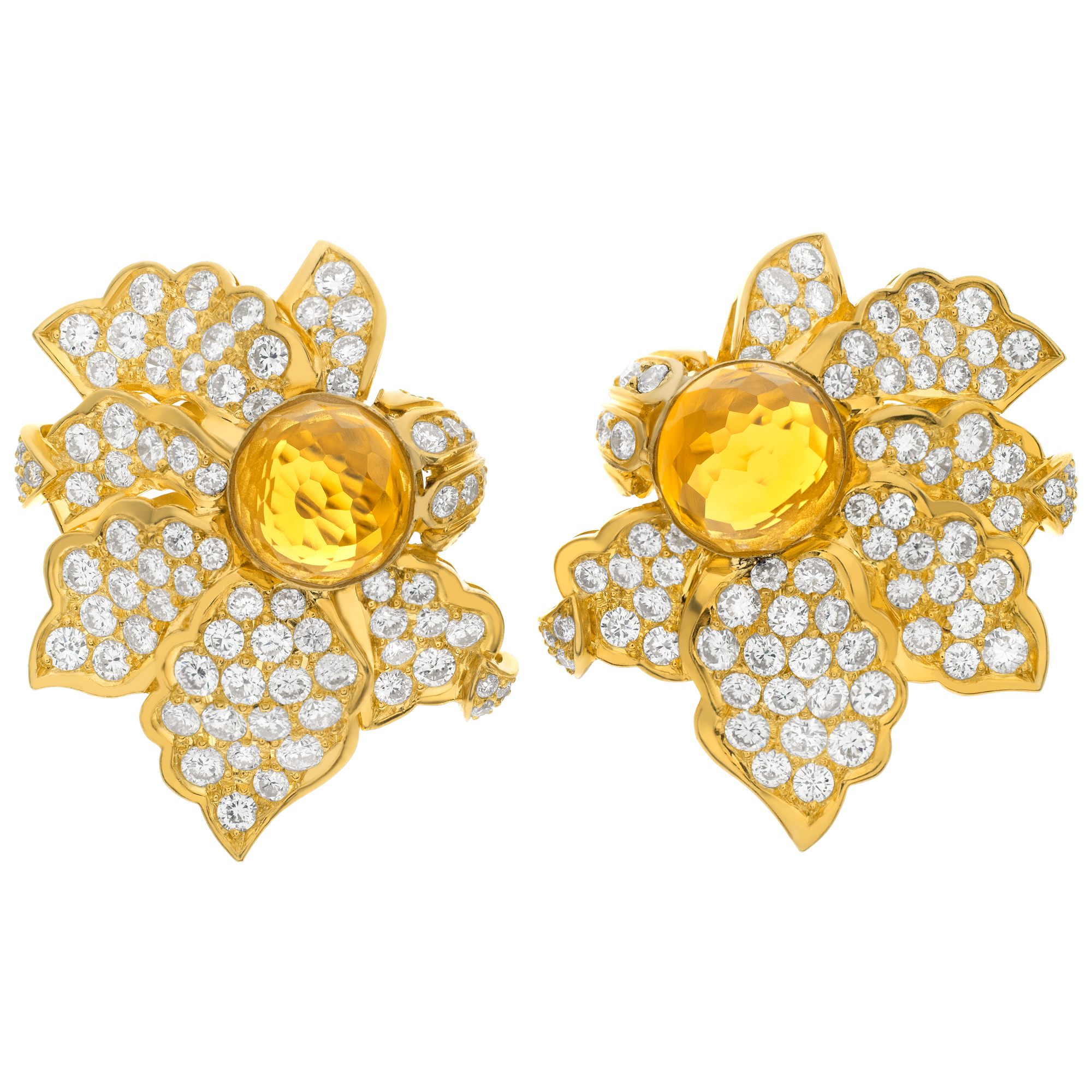 Diamonds flower earrings with brazilian orange Citrine center in 18K yellow gold. Round brilliant cut diamonds total approx. weight over 5 carats