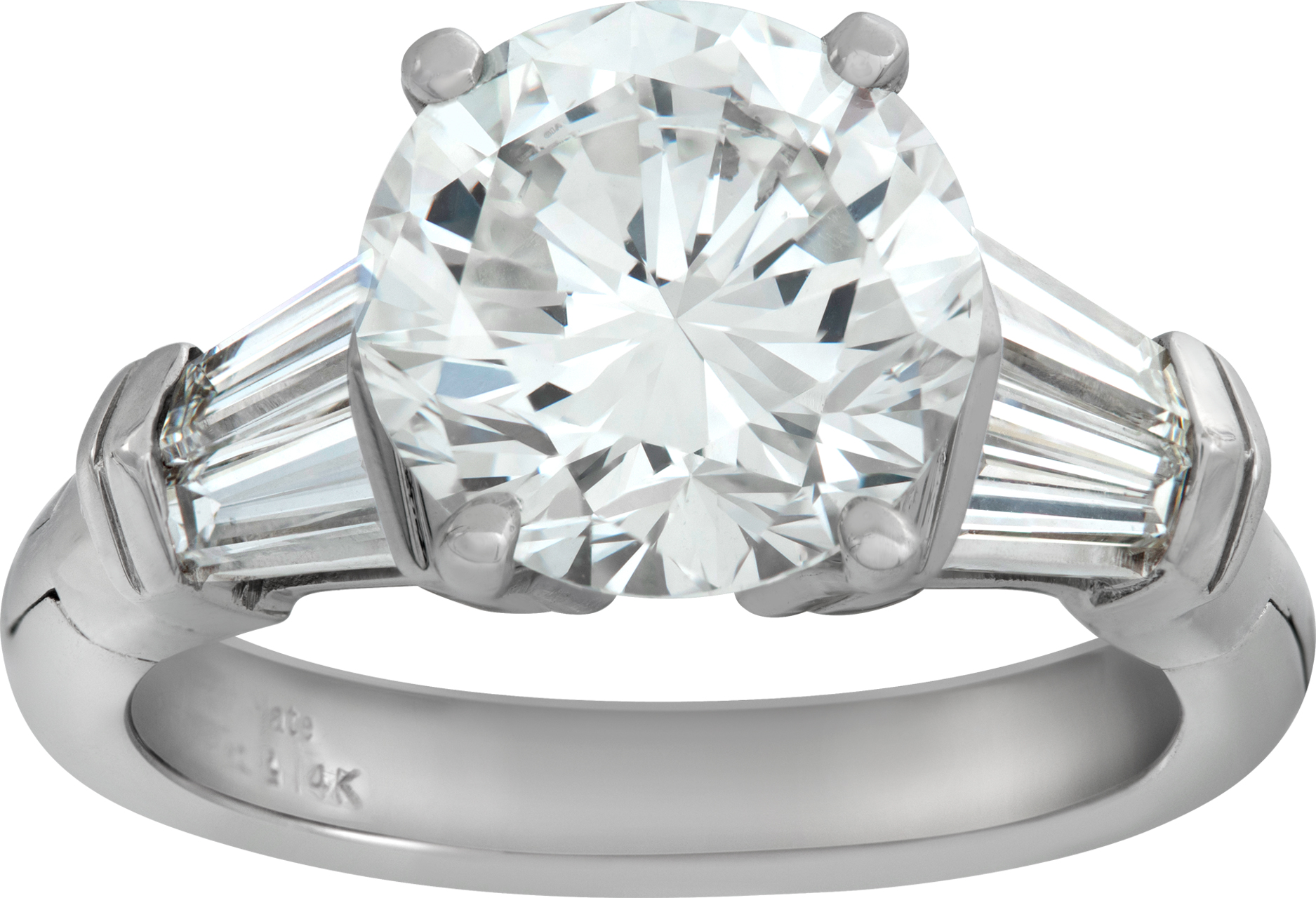GIA Certified round brilliant cut 3.09 carat diamond, H Color, VS2 clarity set on a "FINGER MATE" platinum & 14K white gold setting with 4 tapered baguettes