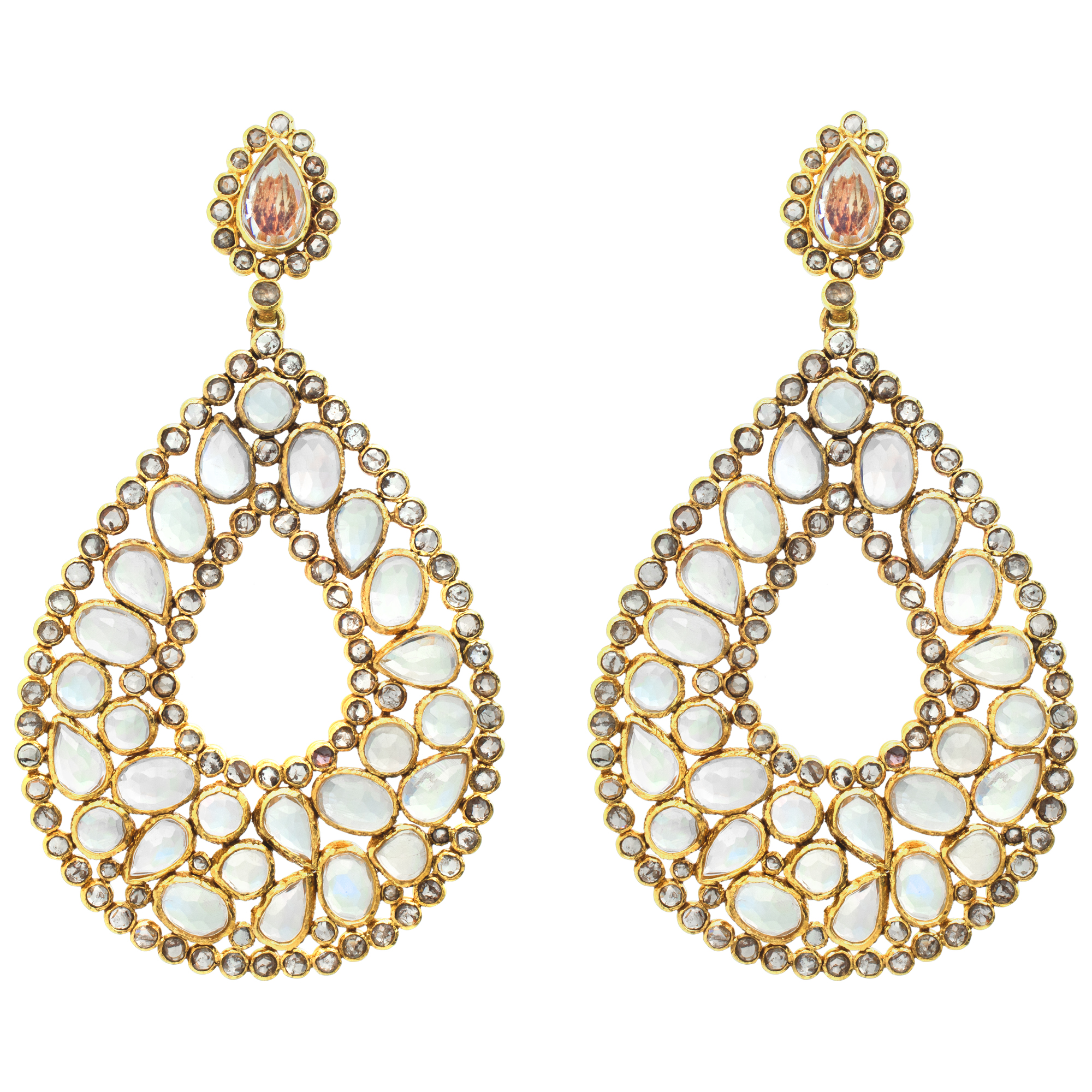 Moonstone and diamond drop earrings in 18k yellow gold