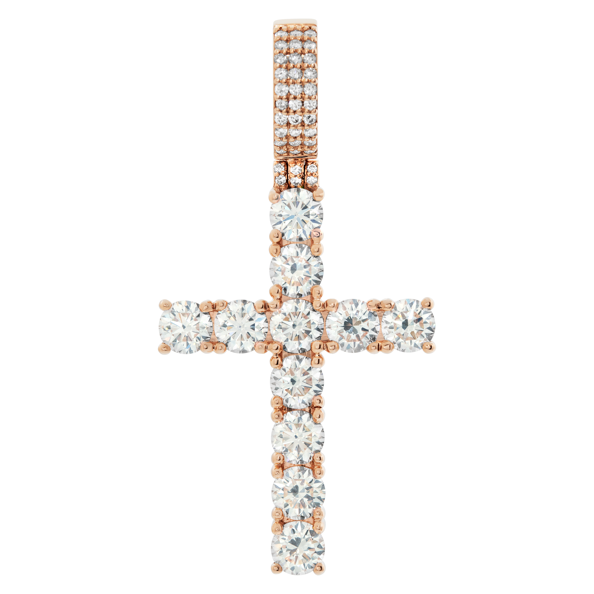 Diamond cross pendant in 14k rose gold. Round brilliant cut diamonds total approx. weight 8.00 carats.