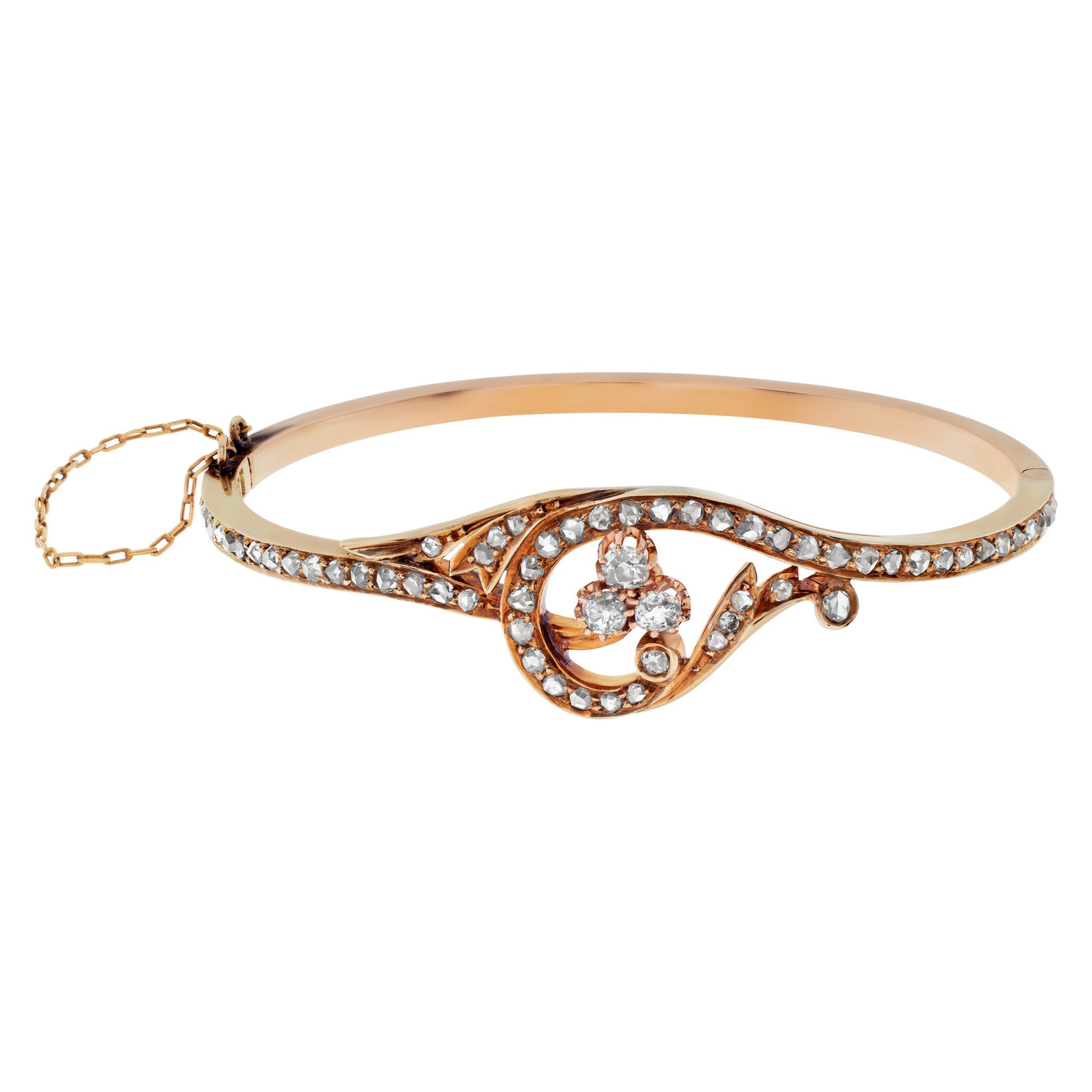 Edwardian bangle with rose cut diamonds set in 14K rose gold. Will fit up to to 7.25 size wrist. st.