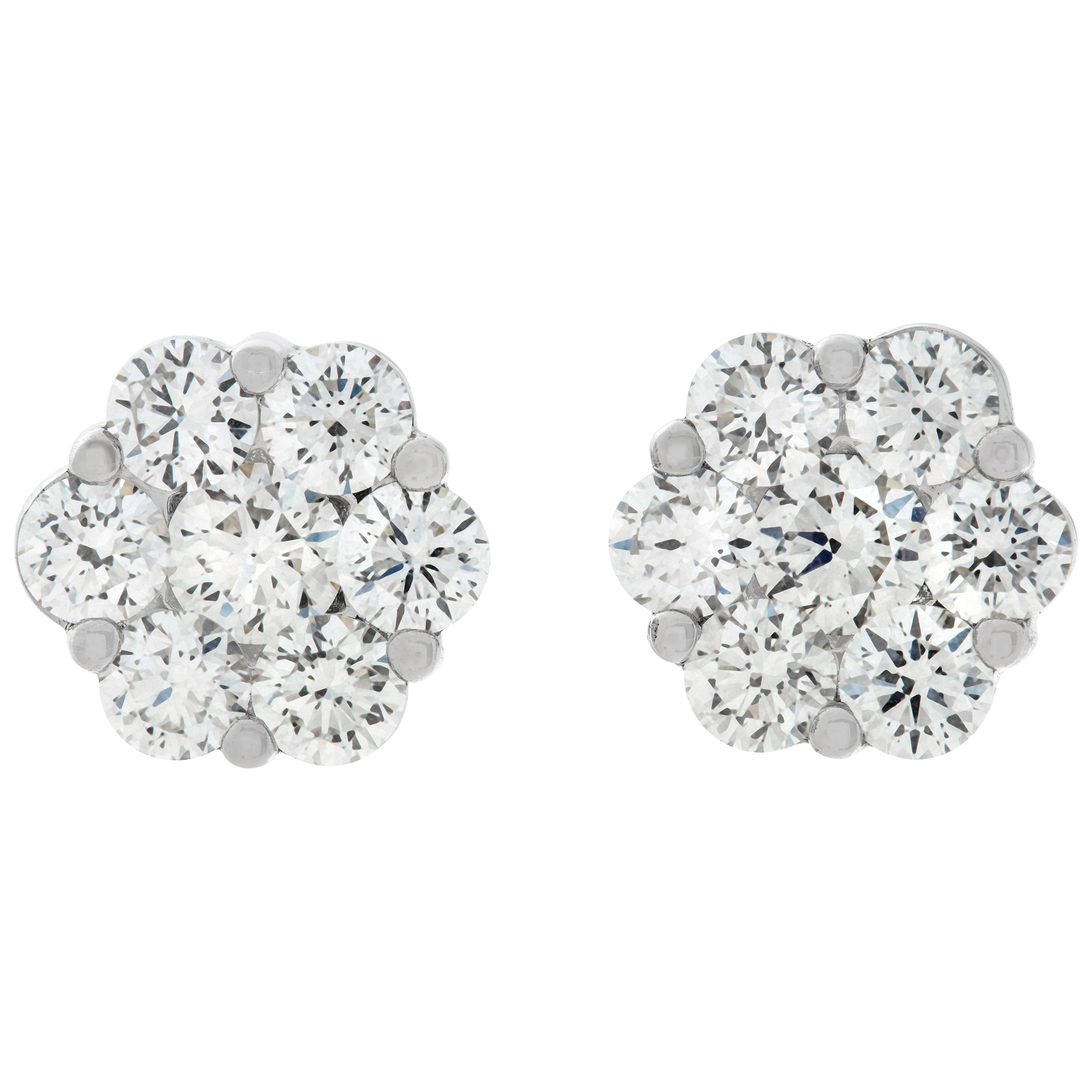 Floral shaped round diamond cluster earrings in 18k white gold with 2.49 carats