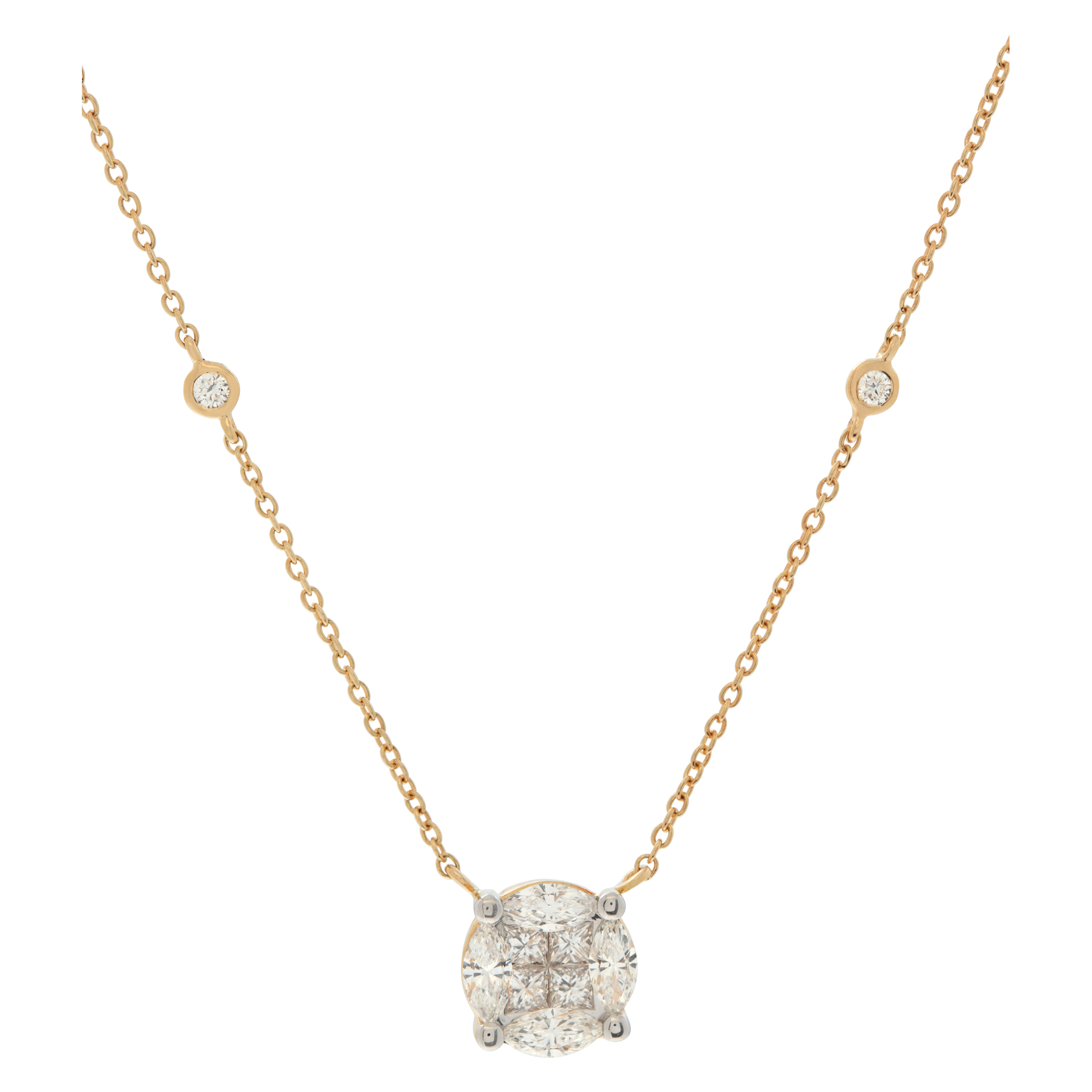 Illusion set diamond pendant necklace in 18k yellow gold with 1.14 carats