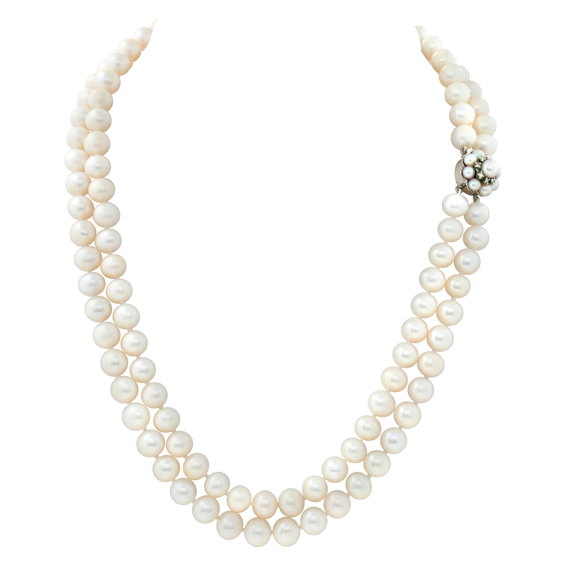 Double strands, 8 x 8.5mm fresh water pearl necklace with 14K white gold diamonds Pearl clasp. 16 & 18 inches  long