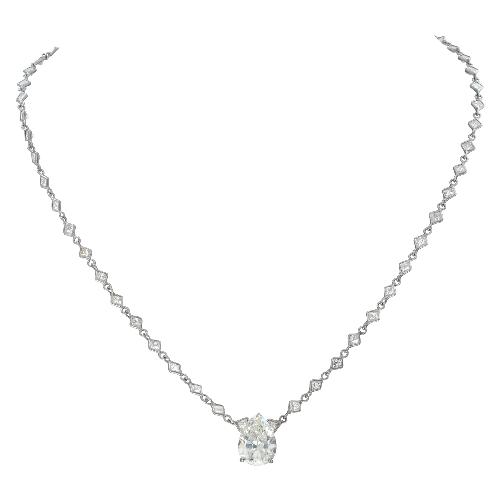 GIA certified pear shaped 3.84 carats on a necklace set with approximately 5 carats in princess cut diamonds by-the-inch