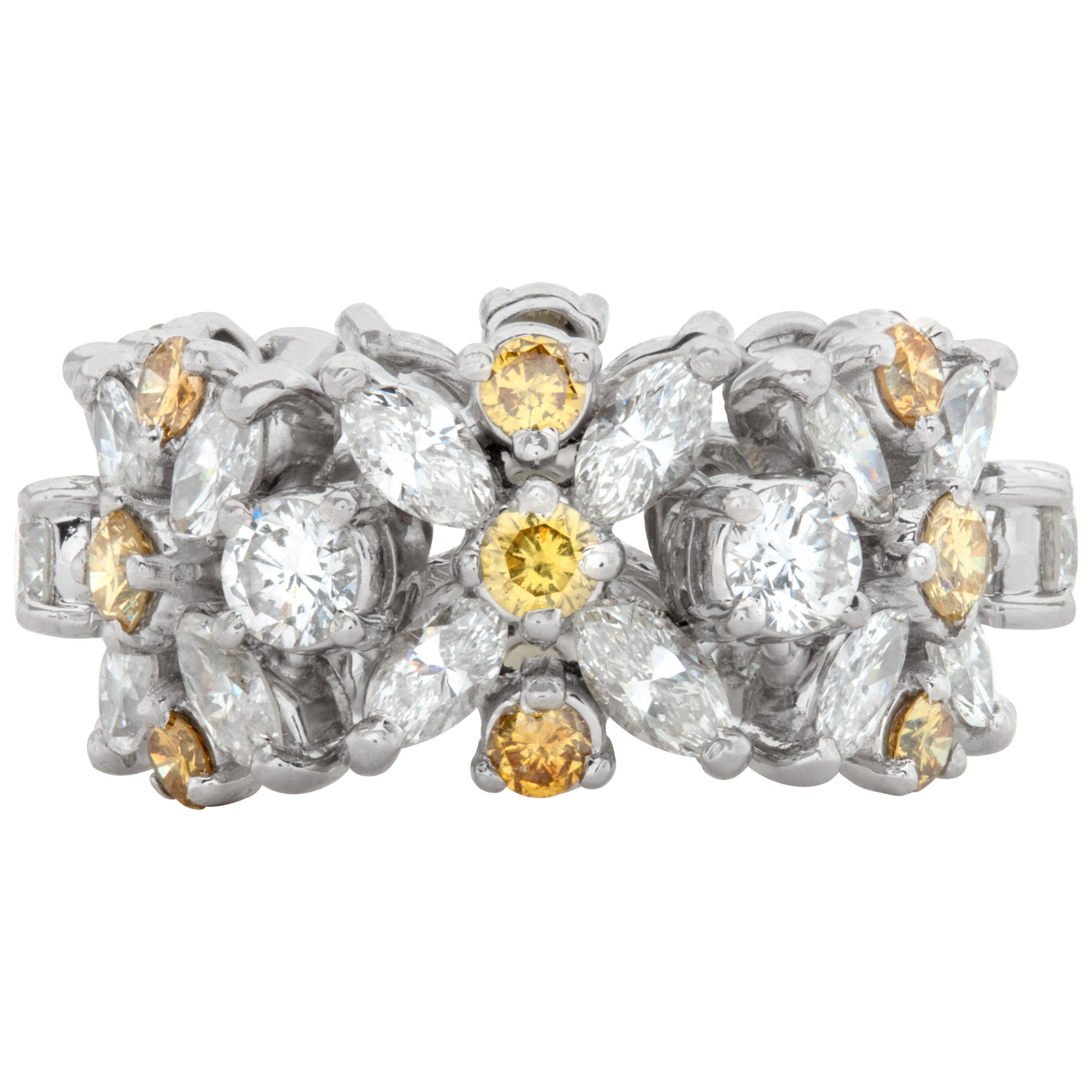 Wide, white,yellow and cognac diamonds eternity band in platinum. Round & marquise brilliant cut diamond total approx weight over 2.50 carats. Size: 5.5.