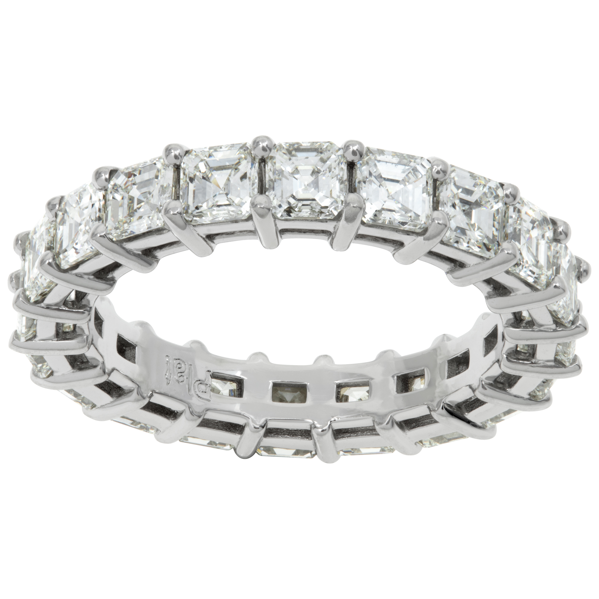 Ascher cut diamond eternity band in platinum with approximately 4.00 carats in diamonds. Size 6