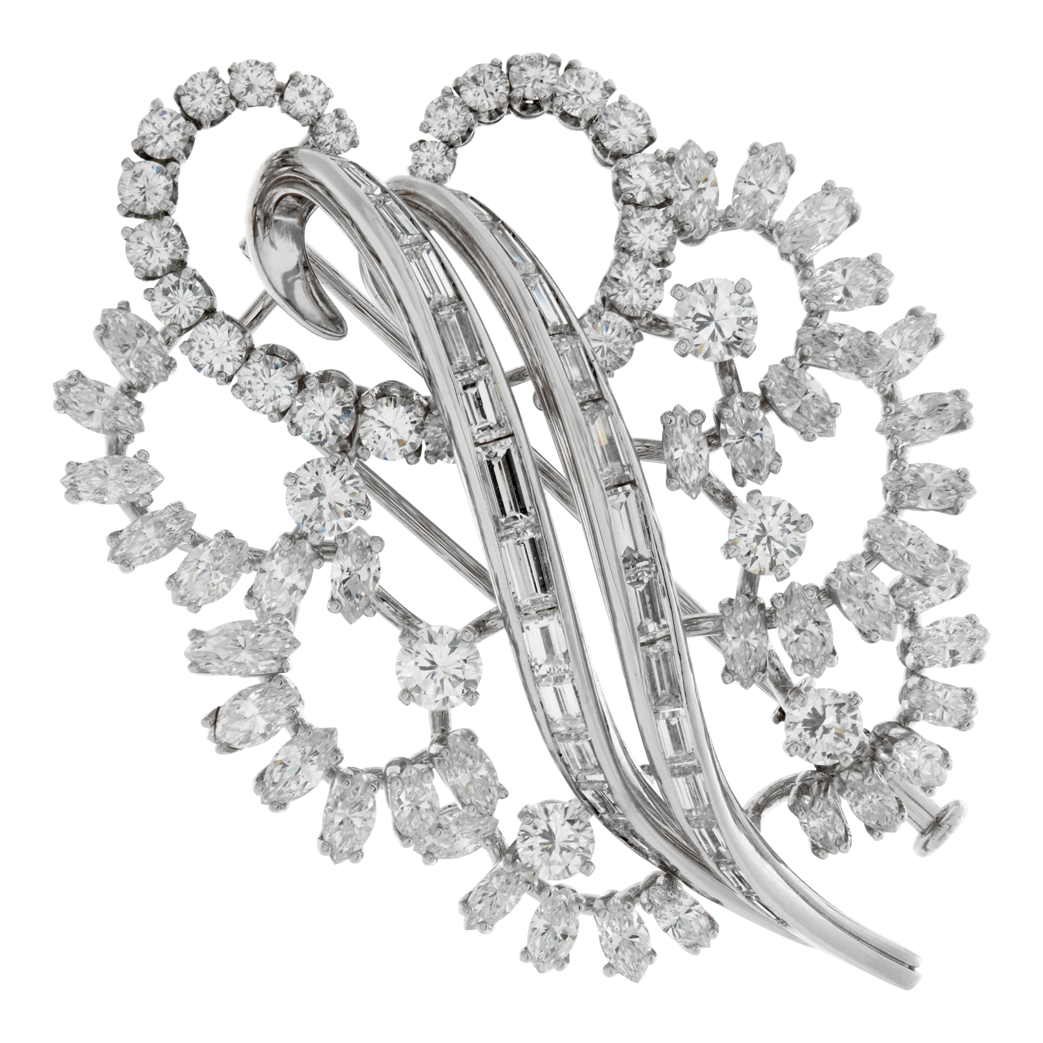 Baguette, Marquise & Round Brilliant Cut Diamonds Brooch In 18k White Gold. Approx. 3.00 Carats.