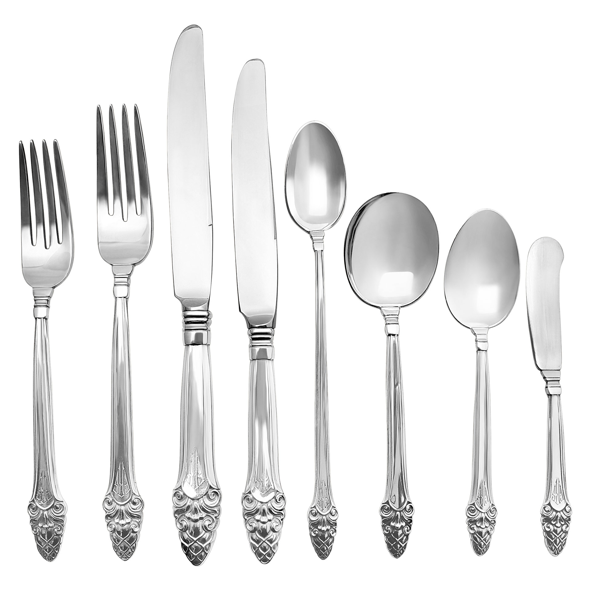 "SOVEREIGN, OLD" Sterling Silver Flatware Set patented in 1941 by Gorham- 9 place setting for 12 (Dinner & Lunch) + 9 serving pieces. Over 5000 grams sterling silver. COMPLETE HEAVY STERLING SET FOR ALL YOUR ENTERTAINING OCCASION. image 1