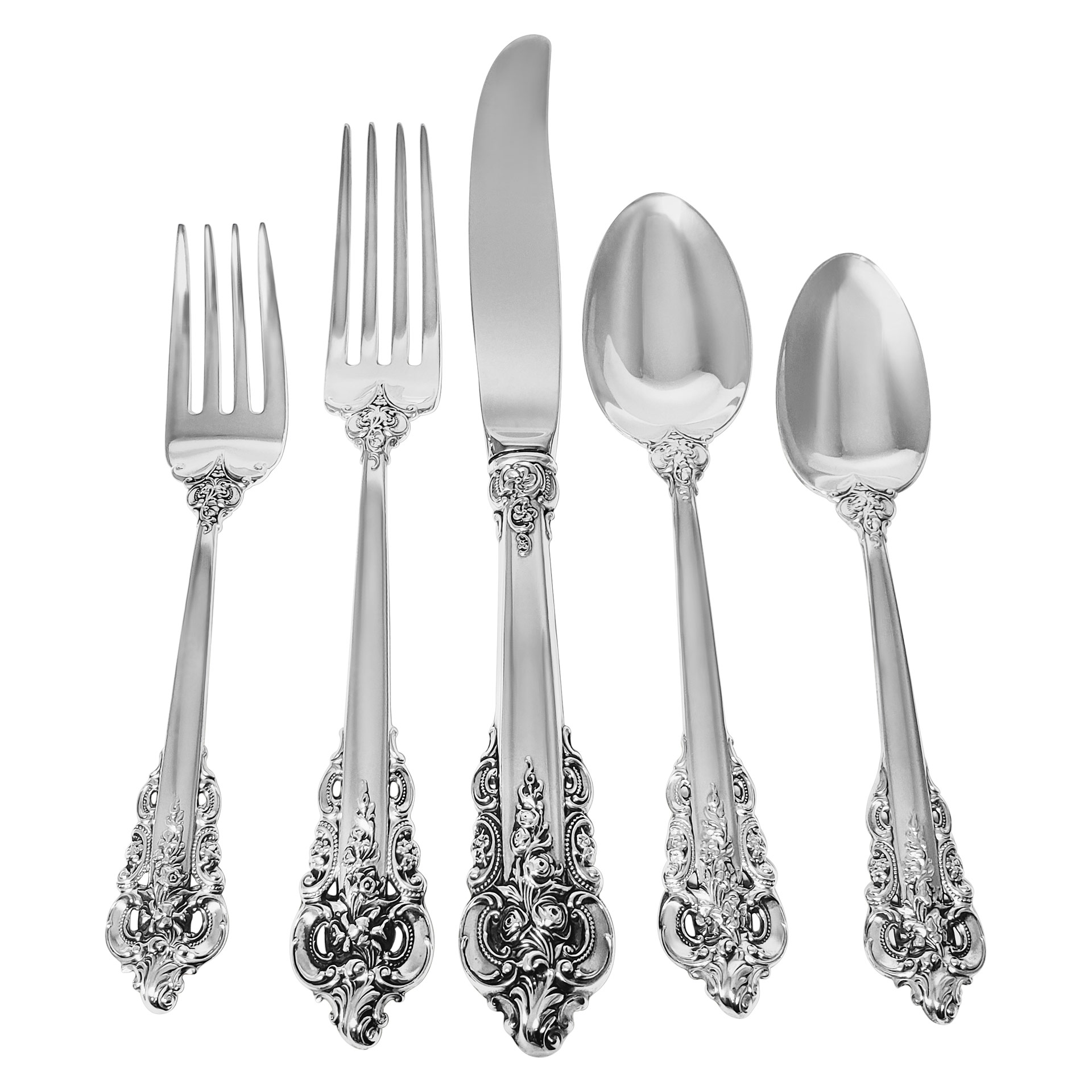"GRANDE BAROQUE" Sterling Silver Flatware Set, patented by Wallace in 1941- 5 place setting for 24 + 14 serving pieces. Over 7500 grams of sterling silver. image 1