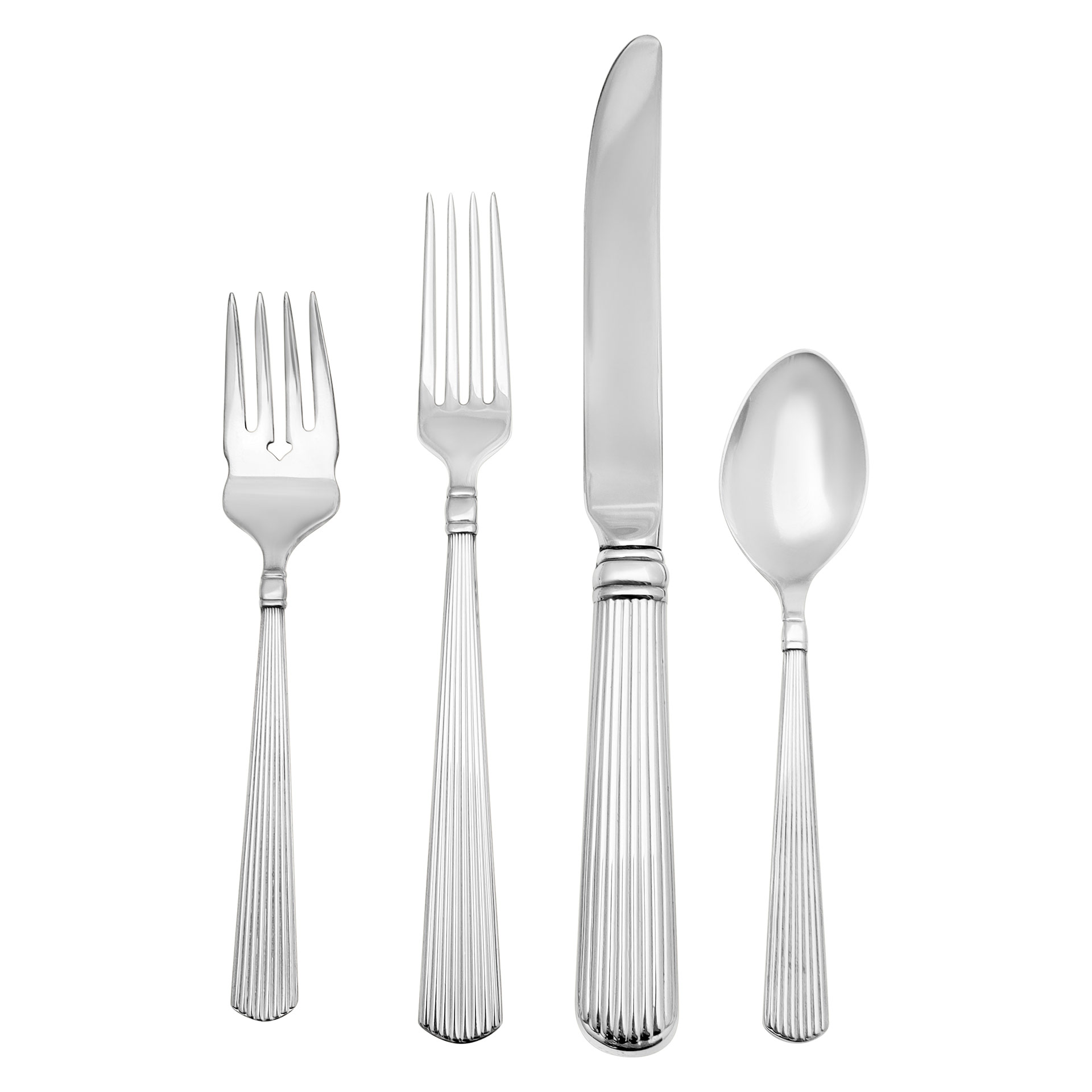 "ASHMONT" Sterling Silver Flatware Set patented in 1990 by Reed & Barton- 4 place set for 8 with 5 Serving pieces. As new Condition.Most of the pieces still in their original unopened plastic sleeves. image 1