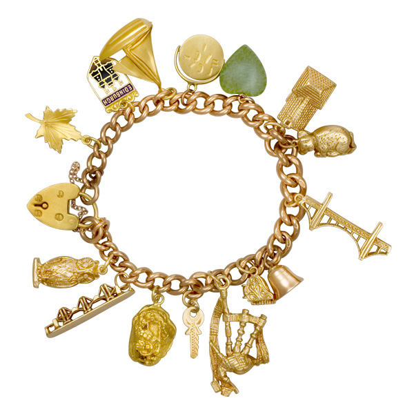 Assorted charm bracelet in 9k yellow gold; 8" long. Circa 1945 image 1