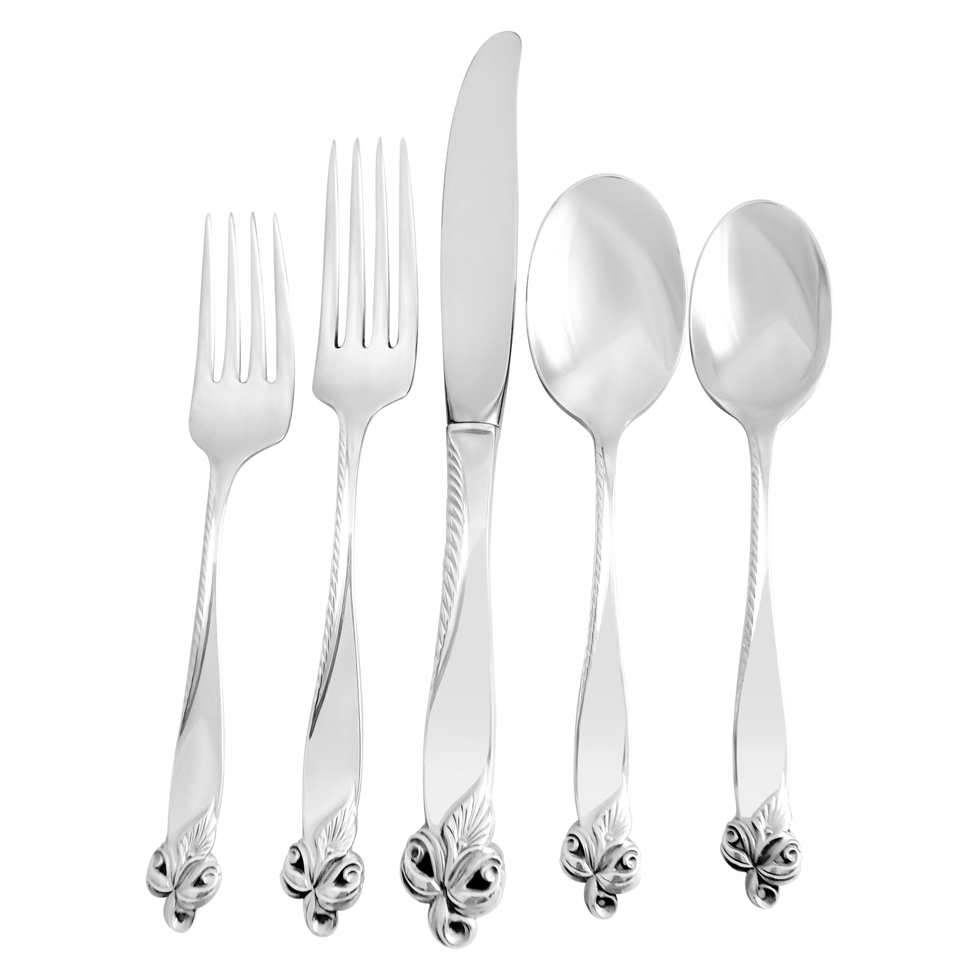 "ORCHID ELEGANCE" Sterling Silver Flatware set, patented in 1956 by Wallace- 5 Place setting for 11 + 8 serving pieces image 1