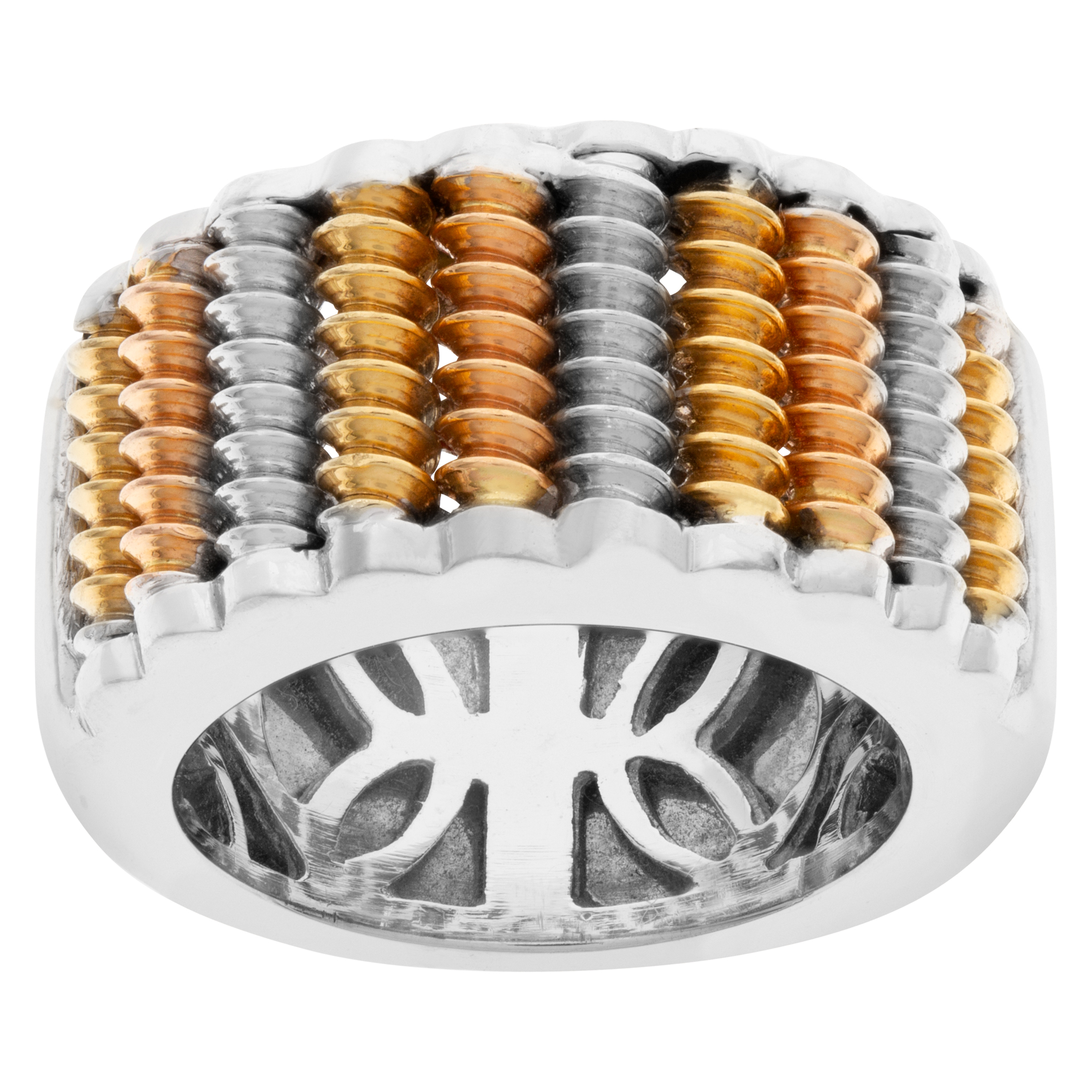 Heavy "modern coil" design ring in 18k white, yellow & pink gold image 1