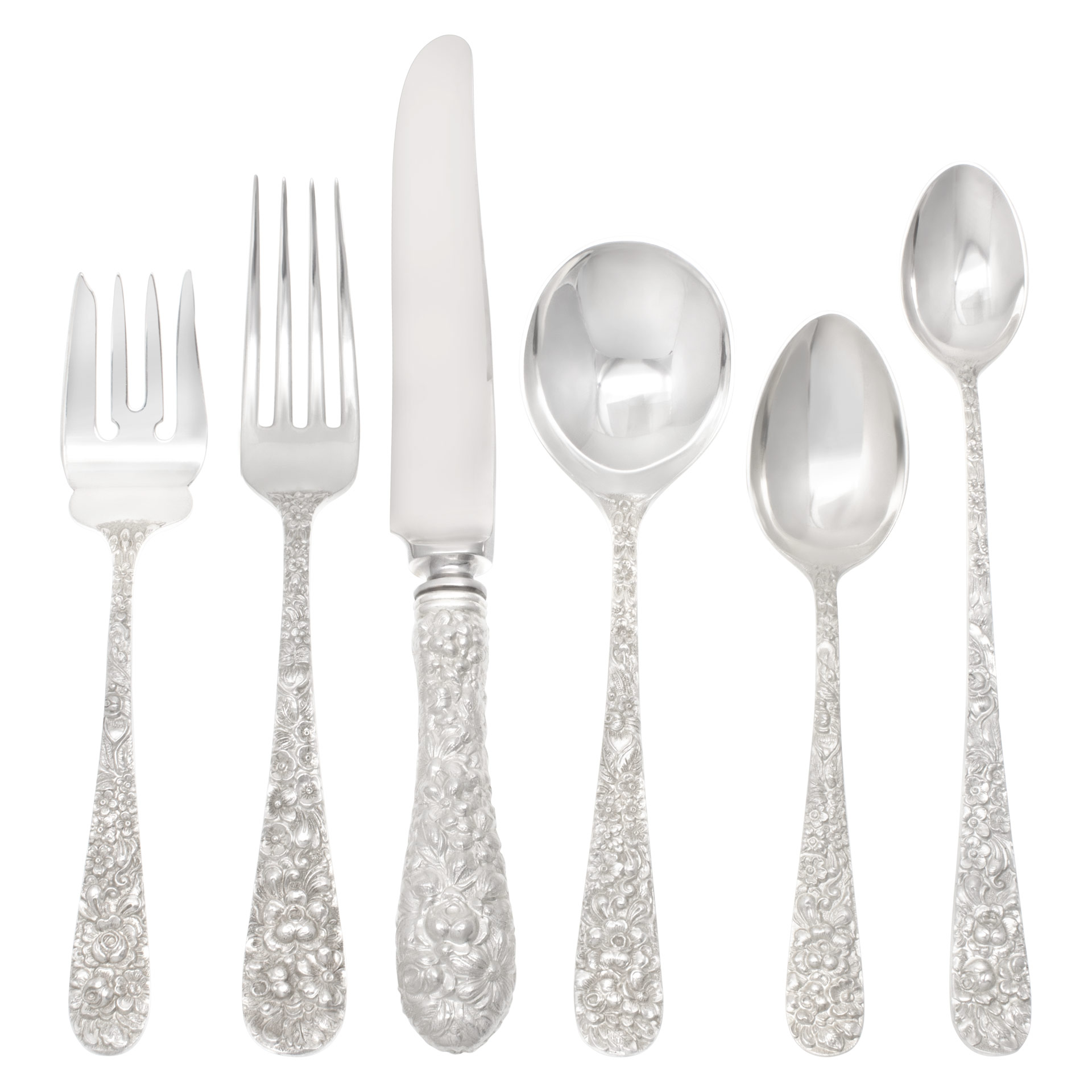 Antique "ROSE REPOUSSE" complete sterling silver flatware set patented  in 1892 by Stieff Sterling Silver Co. 6 place setting for 12 + 20 serving pieces. Over 3800 grams sterling silver. image 1