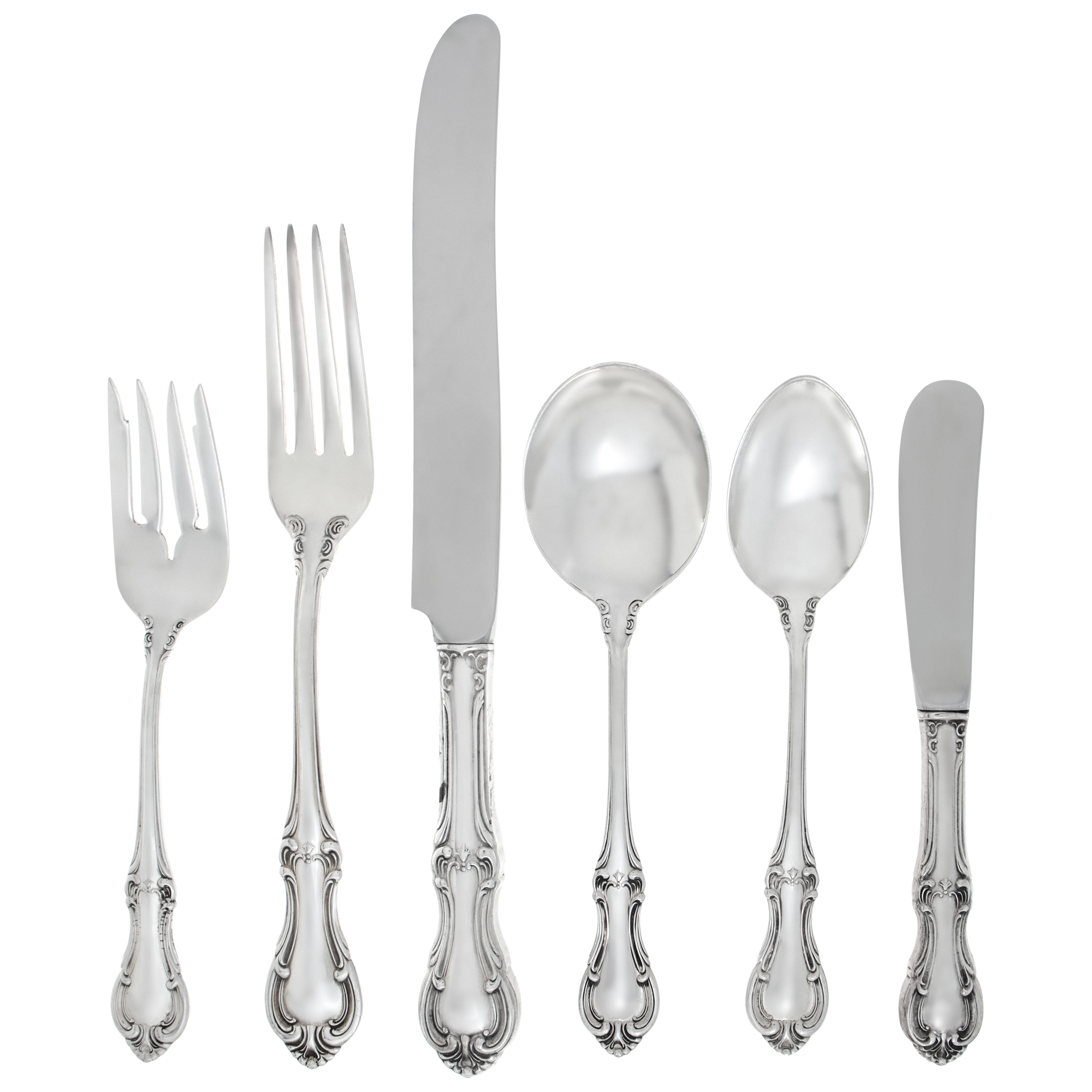 JOAN OPF ARC sterling silver flatware set ptd in 1940 by the International Sterling Silver Co. Over 75 Troy Ounces of .925 sterling silver. 6 place settings for 9 + 15 serving pieces. image 1