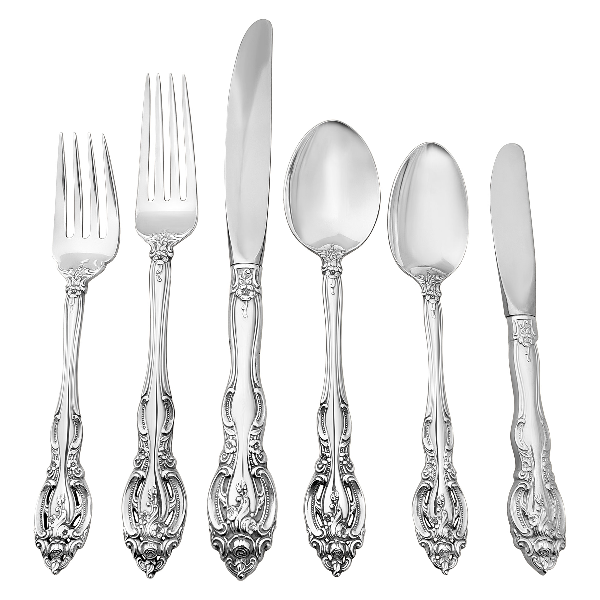 "LA SCALA" Sterling silver flatware set patented in 1964 by Gorham. 6 Place setting for 12 with 7 serving pieces.TOTAL 87 PIECES Over  3285 grams sterling silver. image 1